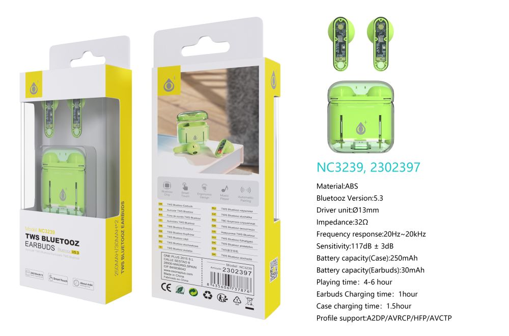 NC3239  VE Auriculares TWS Con Bluetooth 5.3, Panel Tacil, Bateria (30mAh*2)Estuche Recargable 250mA