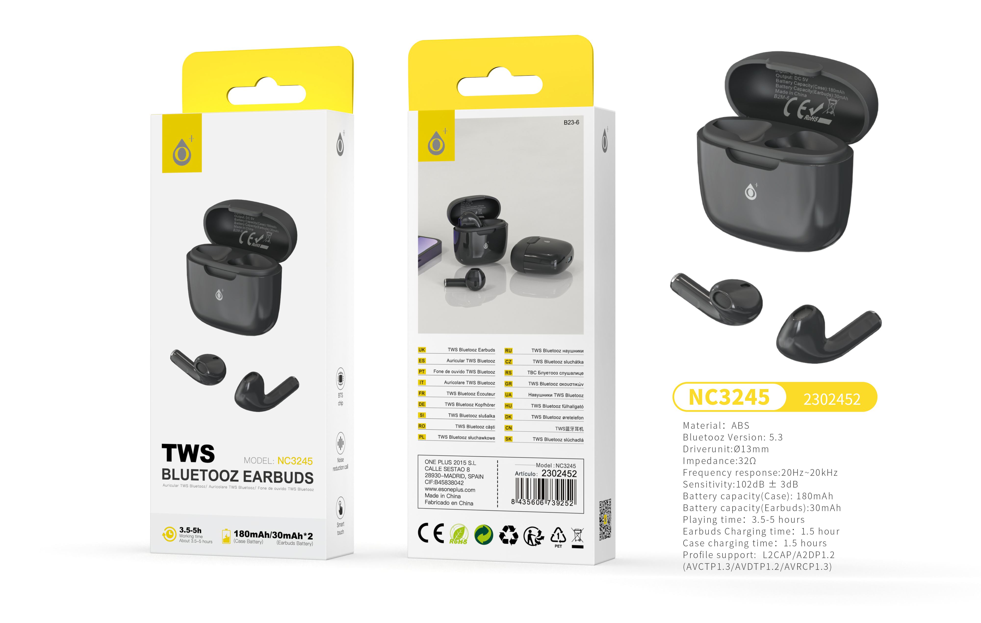 NC3245 NE  Auriculares TWS Bluetooth 5.3, Bateria de auricular (30mAh*2£©Con Estuche Recargable 180mAh, Negro