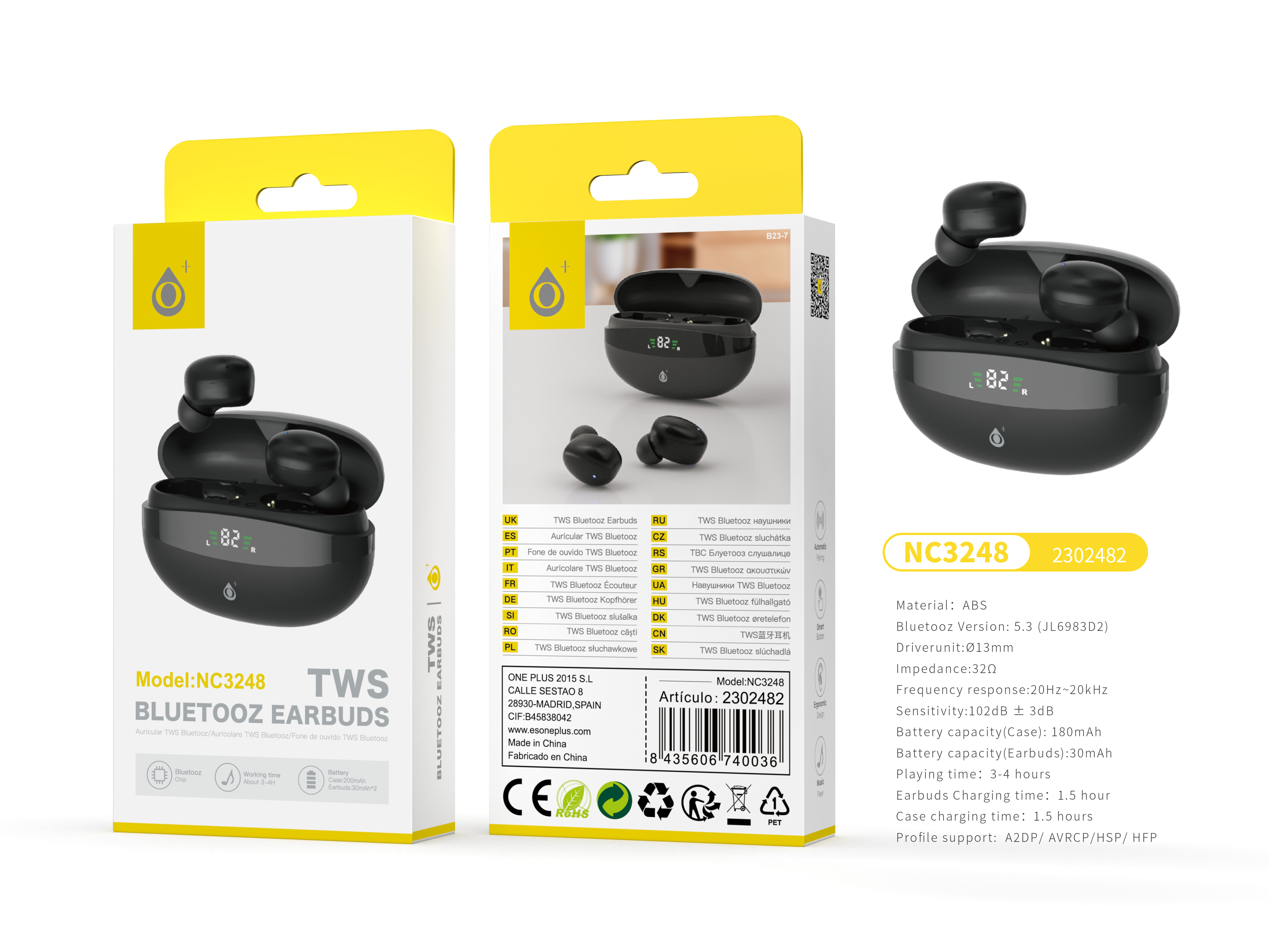 NC3248 NE Auriculares TWS Bluetooth 5.3 Con indicador LED de Bateria, Bateria (30mAh*2) con estuche cargable(180mAh), Negro