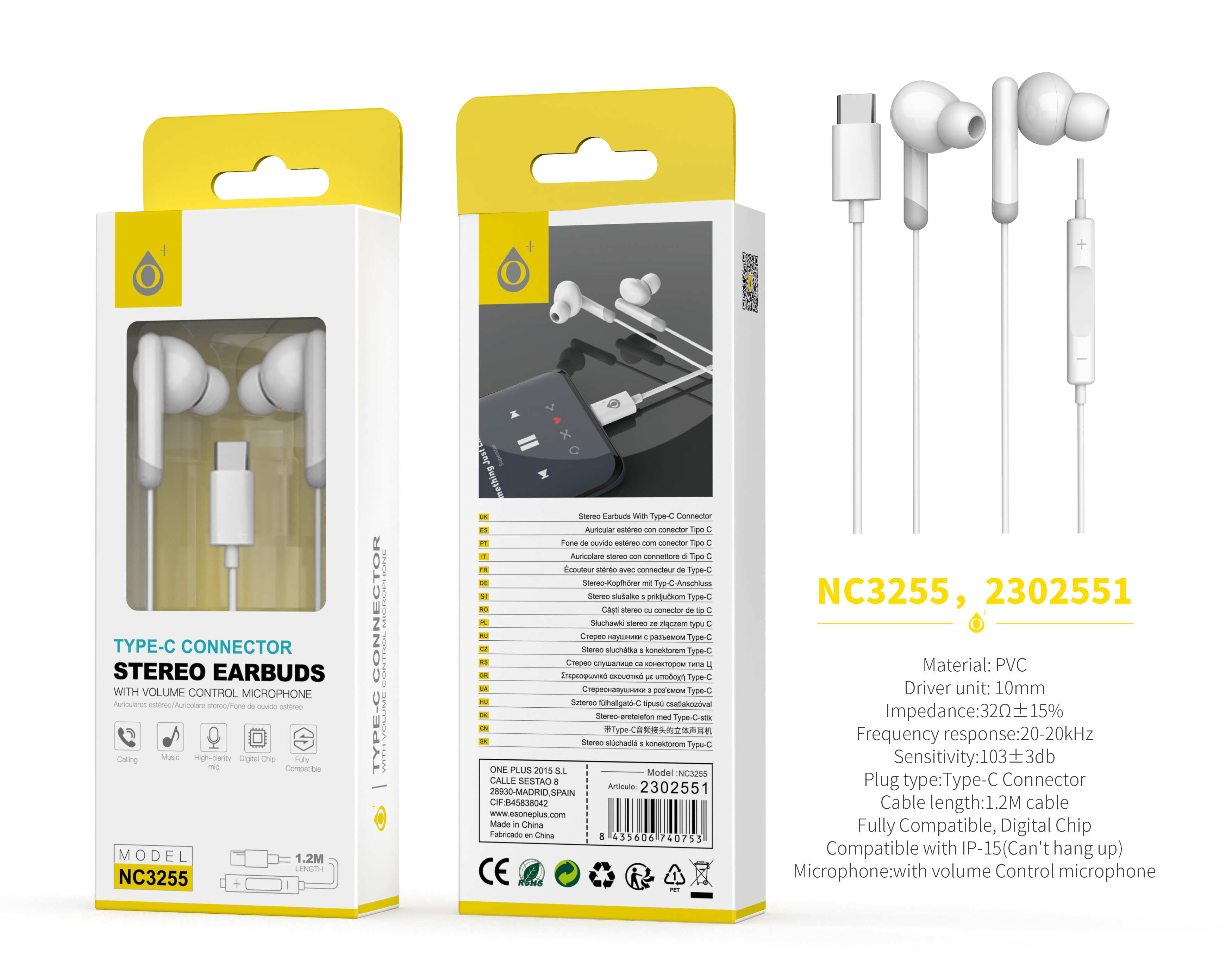 NC3255 BL Auricular  Type-C Cort con Microfono y  Control de Volumen, Compatible con Apple Type-C, Soporta llamada y Musica, Cable 1.2m, Blanco