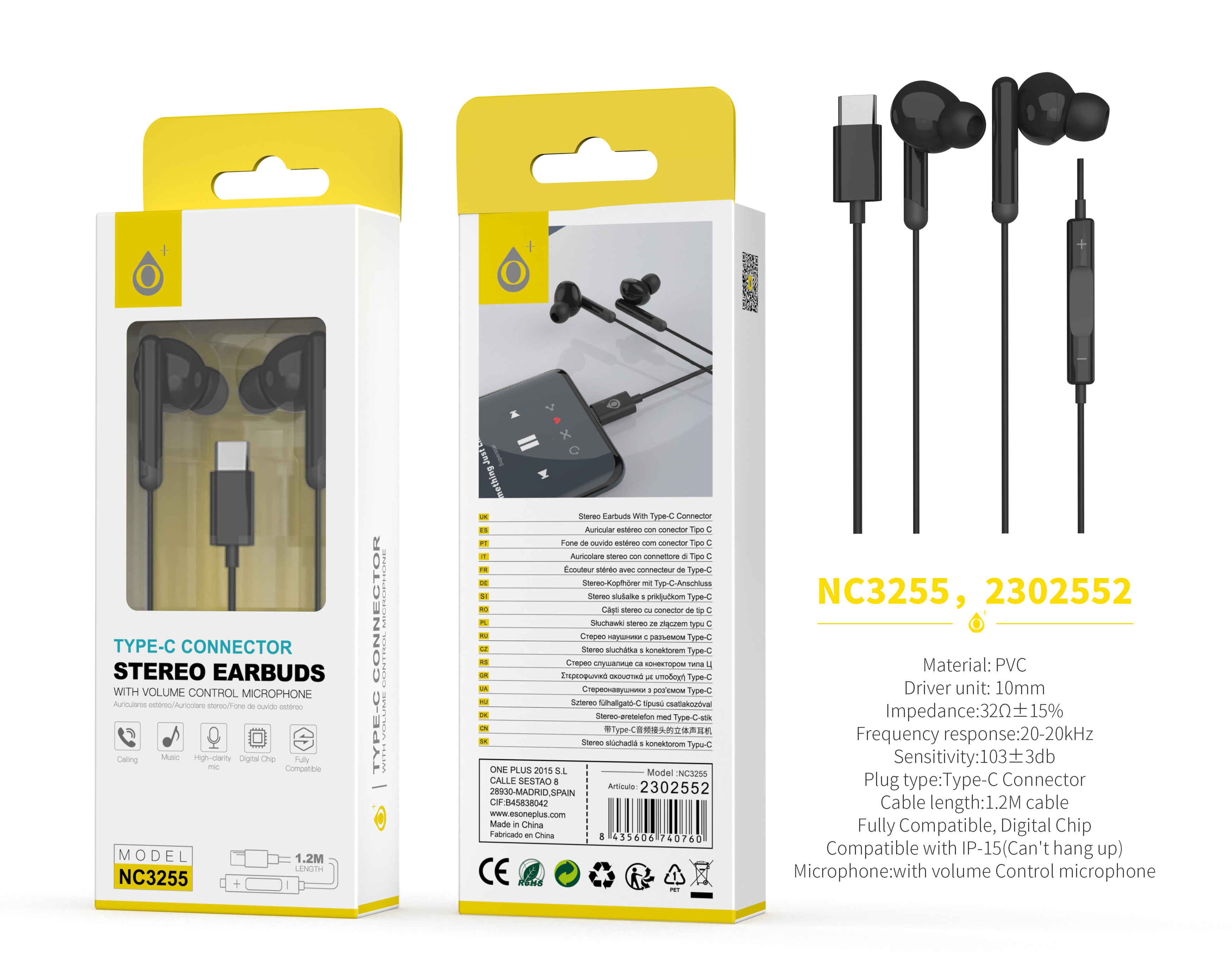 NC3255 NE Auricular  Type-C Cort con Microfono y  Control de Volumen, Compatible con Apple Type-C, Soporta llamada y Musica, Cable 1.2m, N