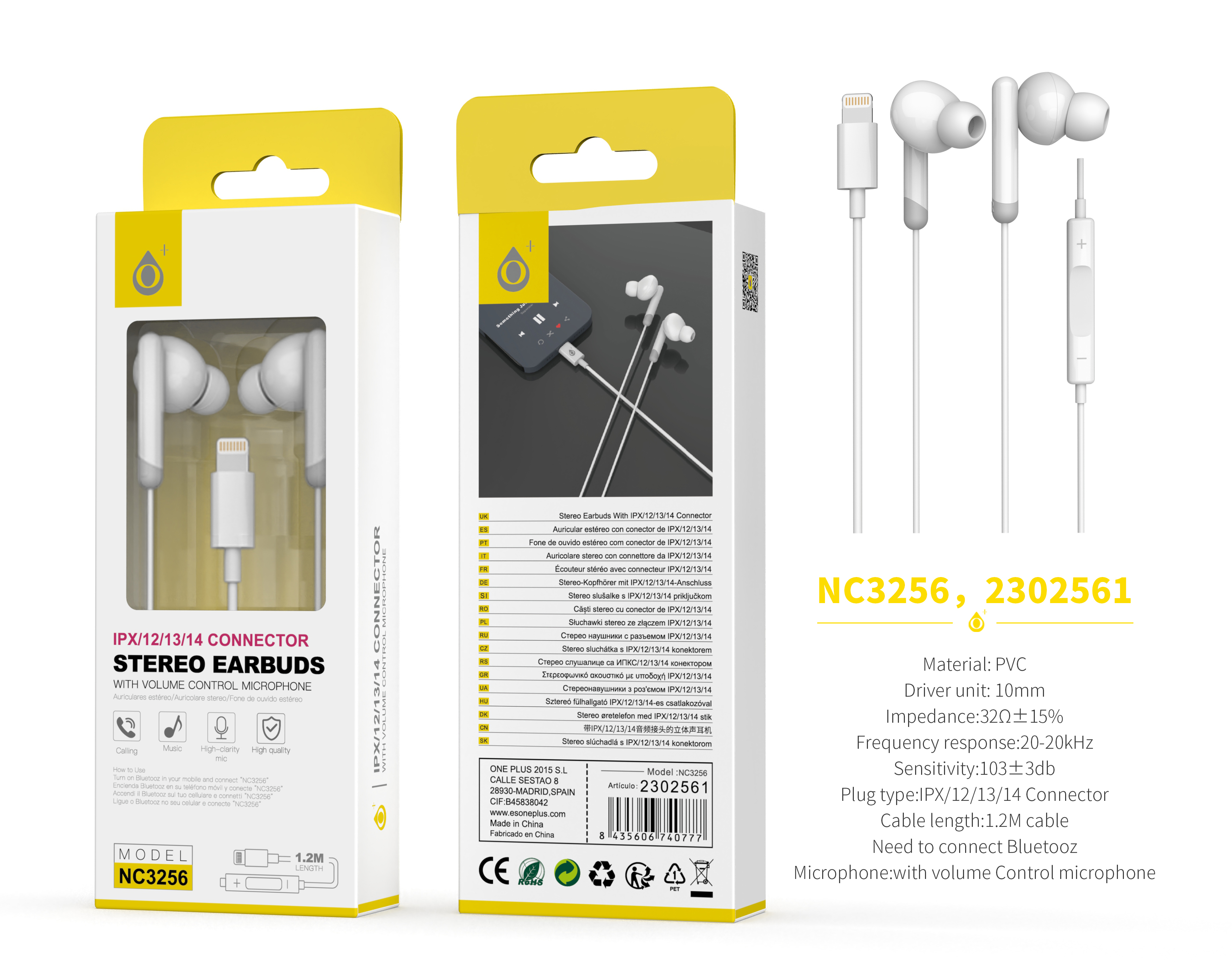 NC3256 BL Auricular Lightning Cort con Microfono y  Control de Volumen, (Necesario Activar Bluetooth) Soporta llamada y Musica, Cable 1.2m, Blanco