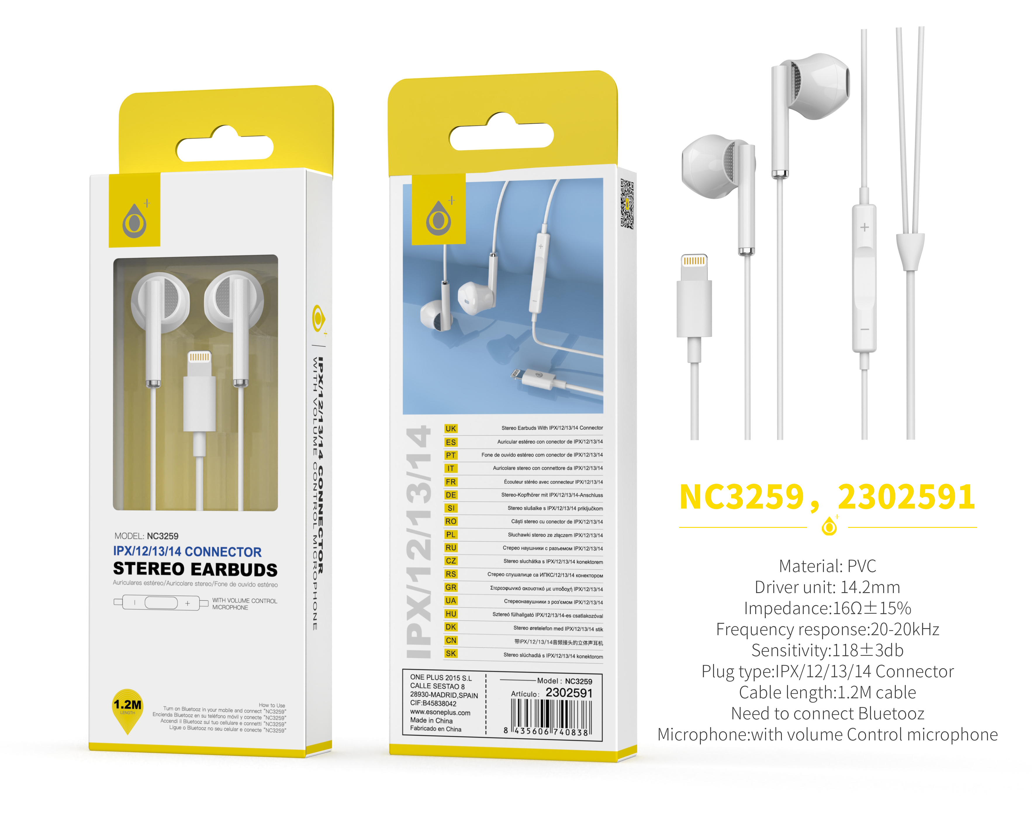 NC3256 BL Auricular Lightning Dieter con Microfono y  Control de Volumen, (Necesario Activar Bluetooth) Soporta llamada y Musica, Cable 1.2m, Blanco