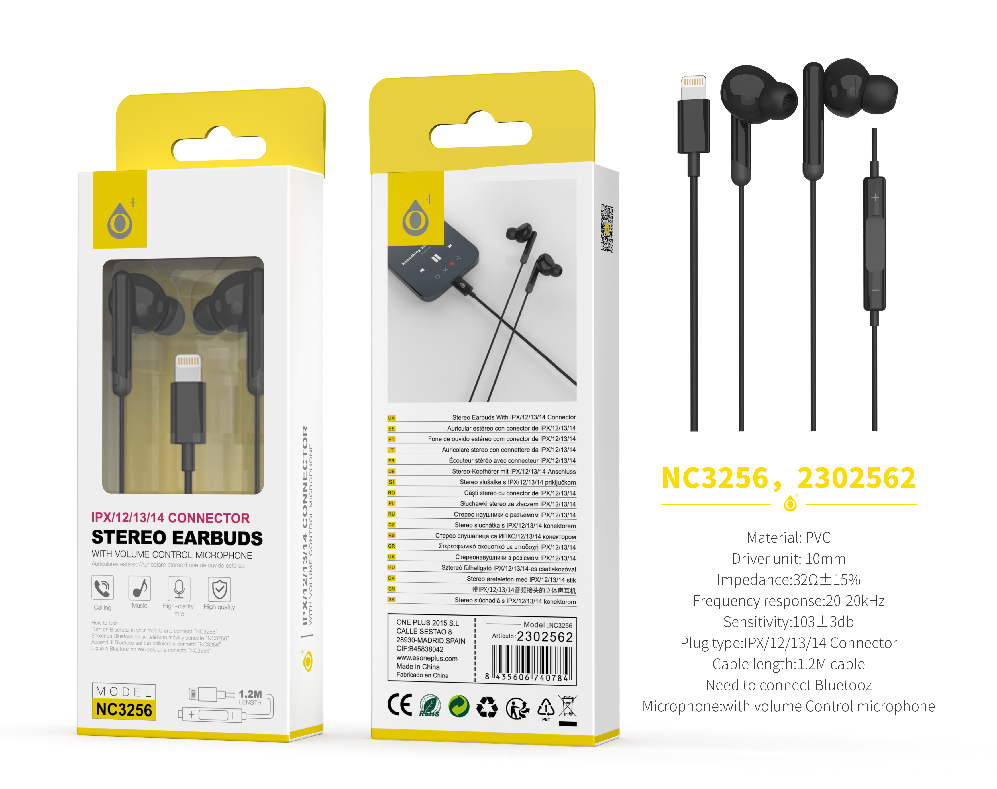 NC3256 NE Auricular Lightning Cort con Microfono y  Control de Volumen, (Necesario Activar Bluetooth) Soporta llamada y Musica, Cable 1.2m, Negro