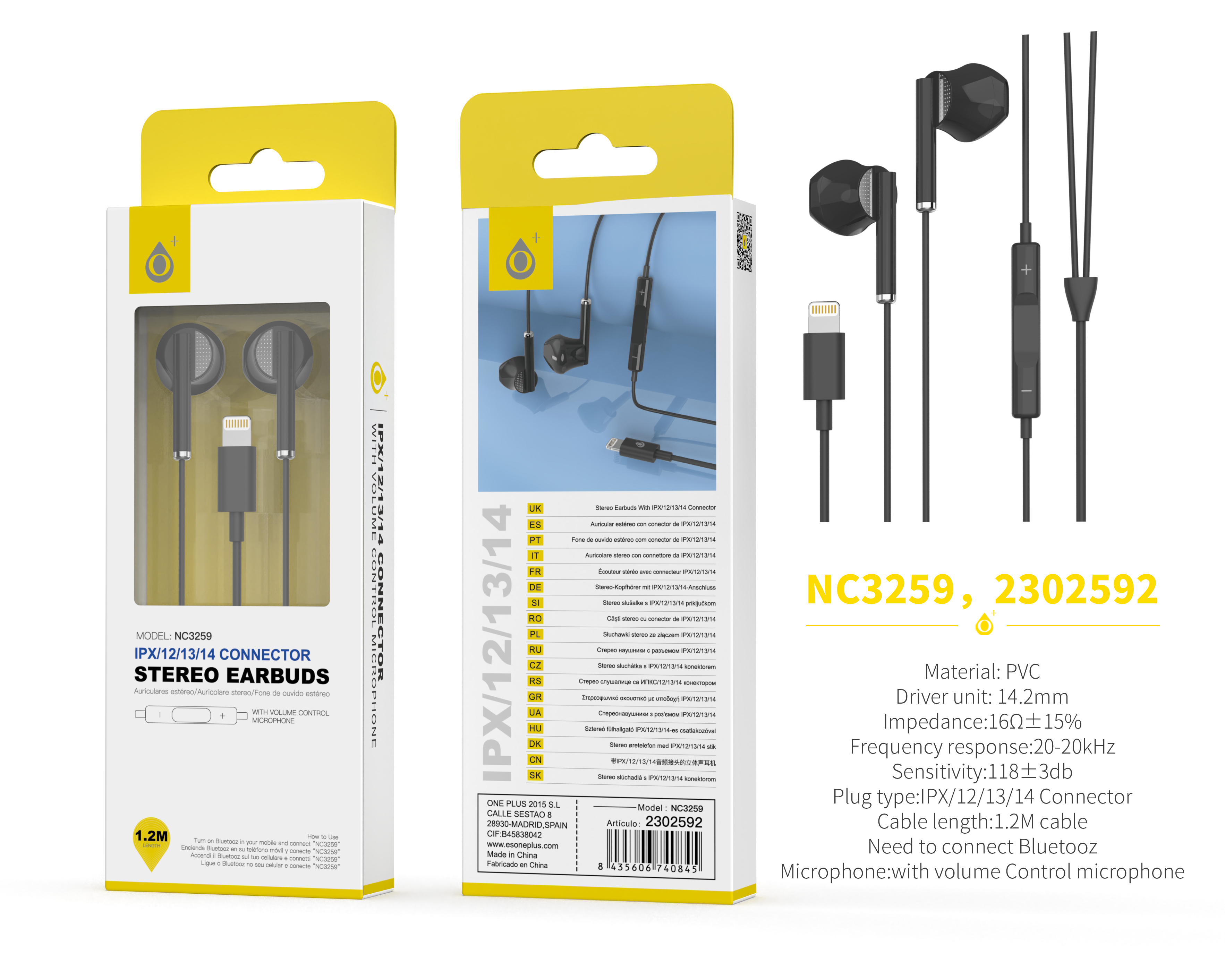 NC3256 NE Auricular Lightning Dieter con Microfono y  Control de Volumen, (Necesario Activar Bluetooth) Soporta llamada y Musica, Cable 1.2m, Negro