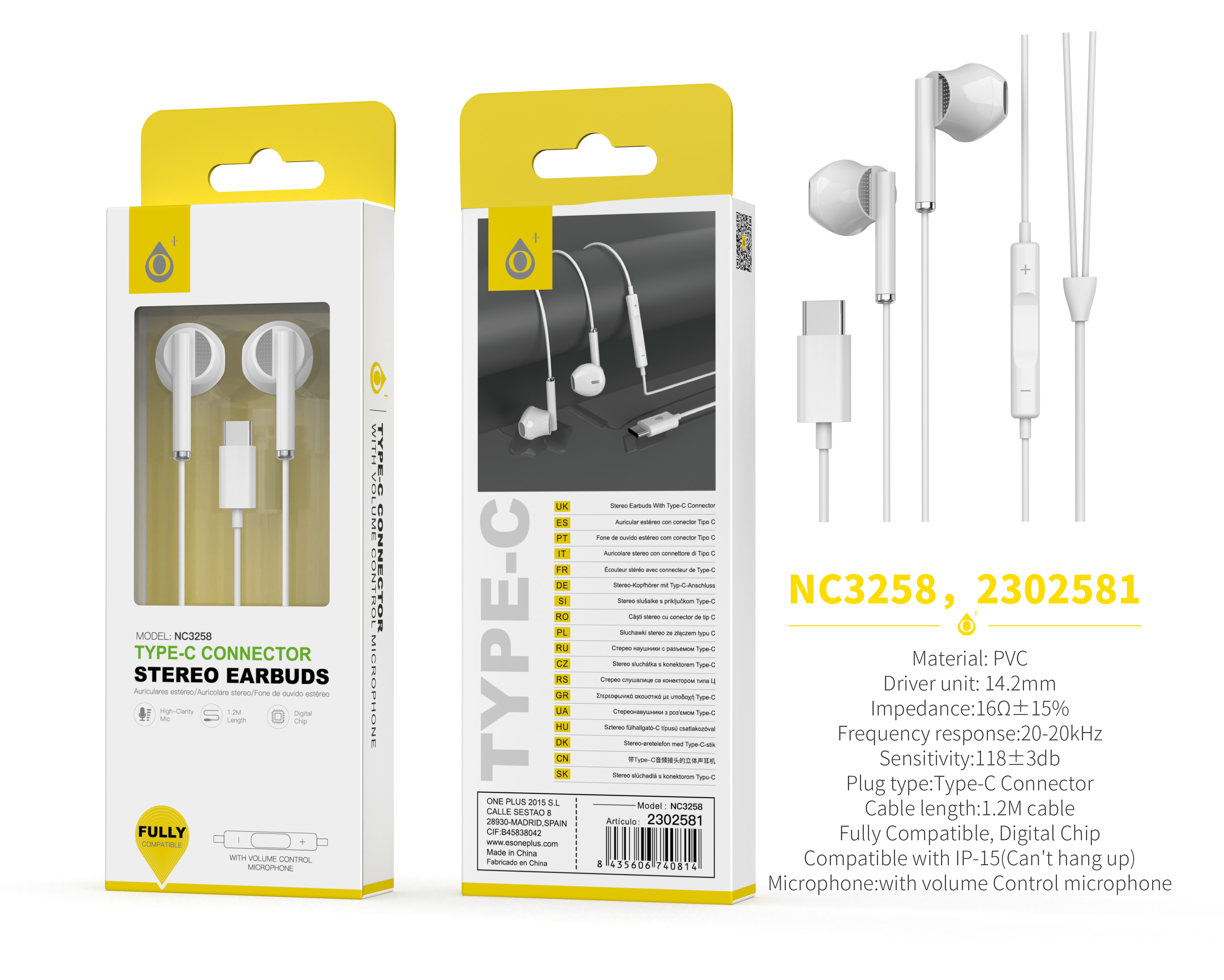 NC3258 BL Auricular Type-C Dieter con Microfono y  Control de Volumen, Compatible con Apple Type-C,