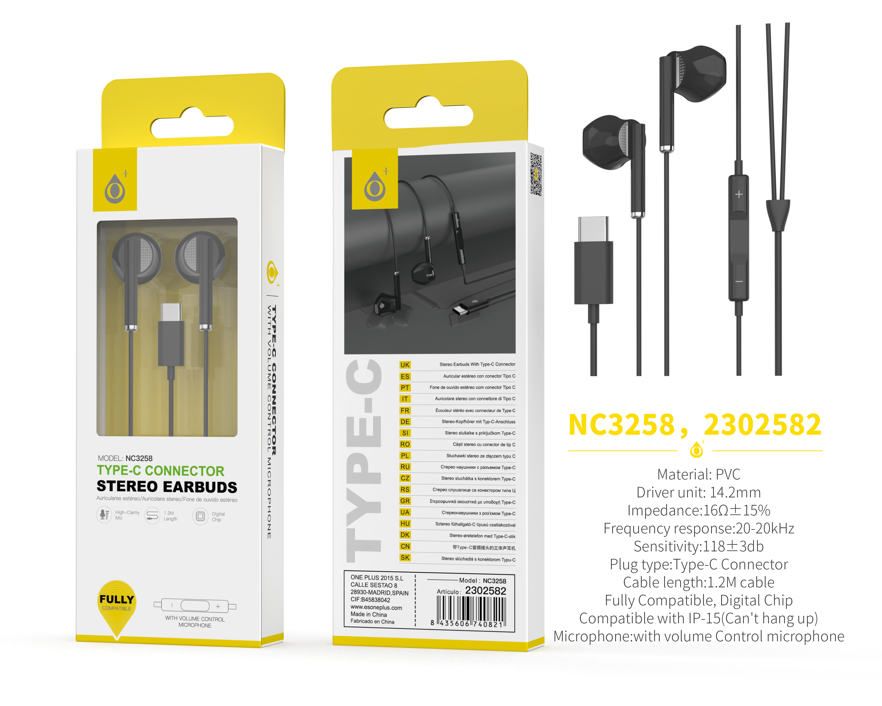 NC3258 NE Auricular  Type-C Dieter con Microfono y  Control de Volumen,Compatible con Apple Type-C,