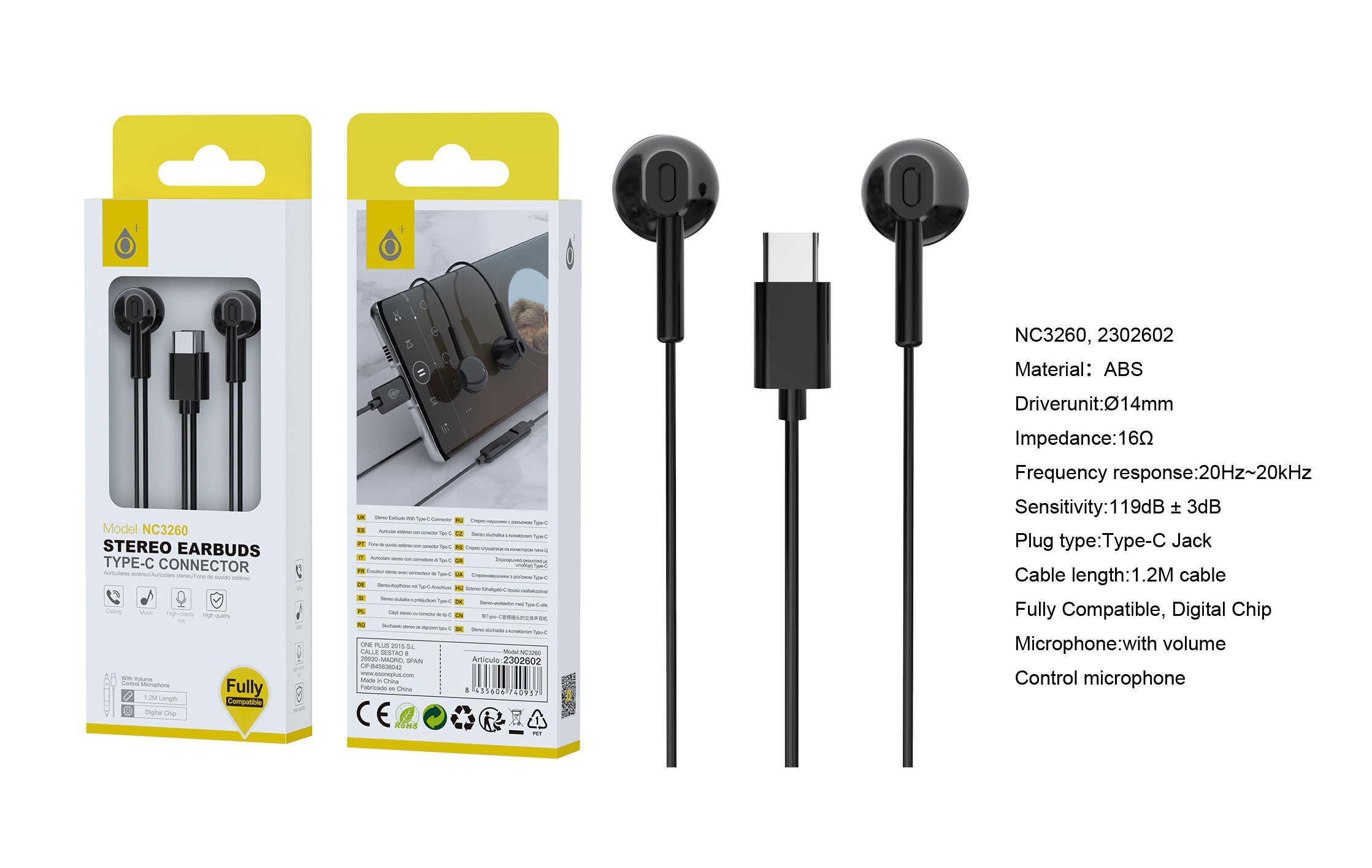 NC3260 NE Auricular TYPE-C Dama con Microfono y  Control de Volumen, Compatible con Iphone Type-C, Soporta llamada y Musica, Cable 1.2m, Negro