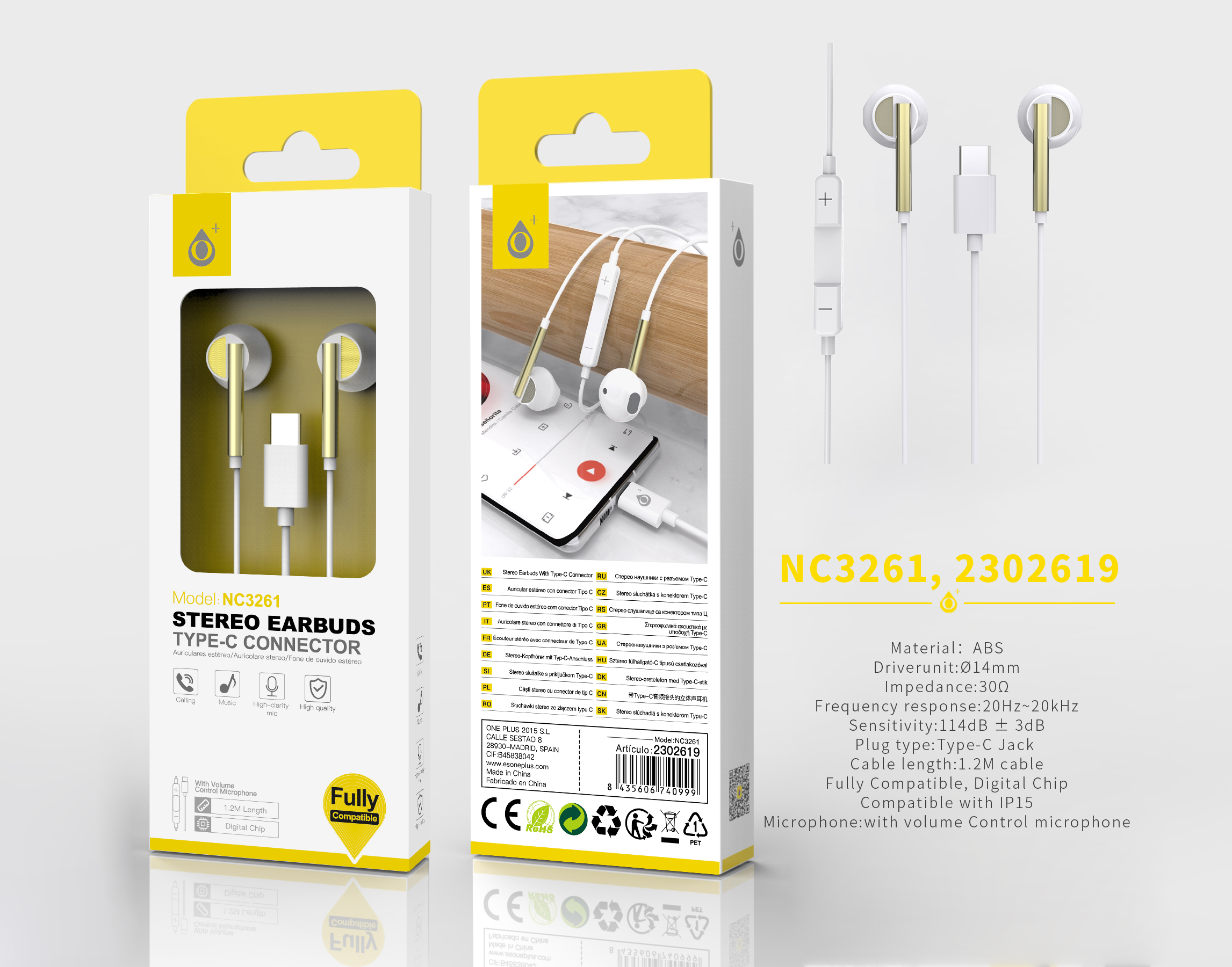 NC3261 BL+OR Auricular TYPE-C Hilda con Microfono y  Control de Volumen, Compatible con Apple Type-C, Soporta llamada y Musica, Cable 1.2m, Blanco+Oro