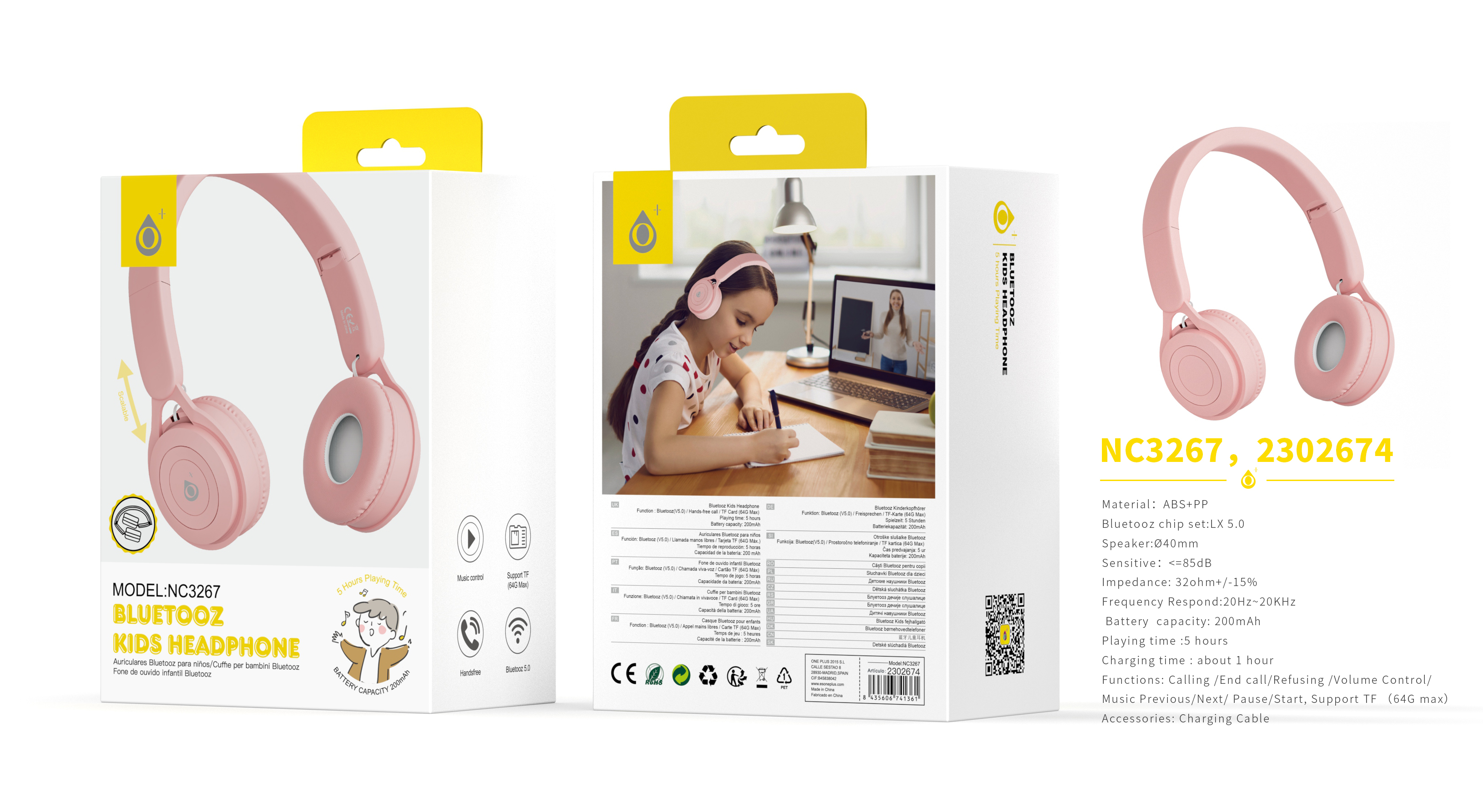 NC3267 RS Auriculares Casco Bluetooth 5.0 Para Ninos con microfono y Botones Multifunciones, Soporta Tarjeta TF(64G), Bateria 200mAh, Rosa