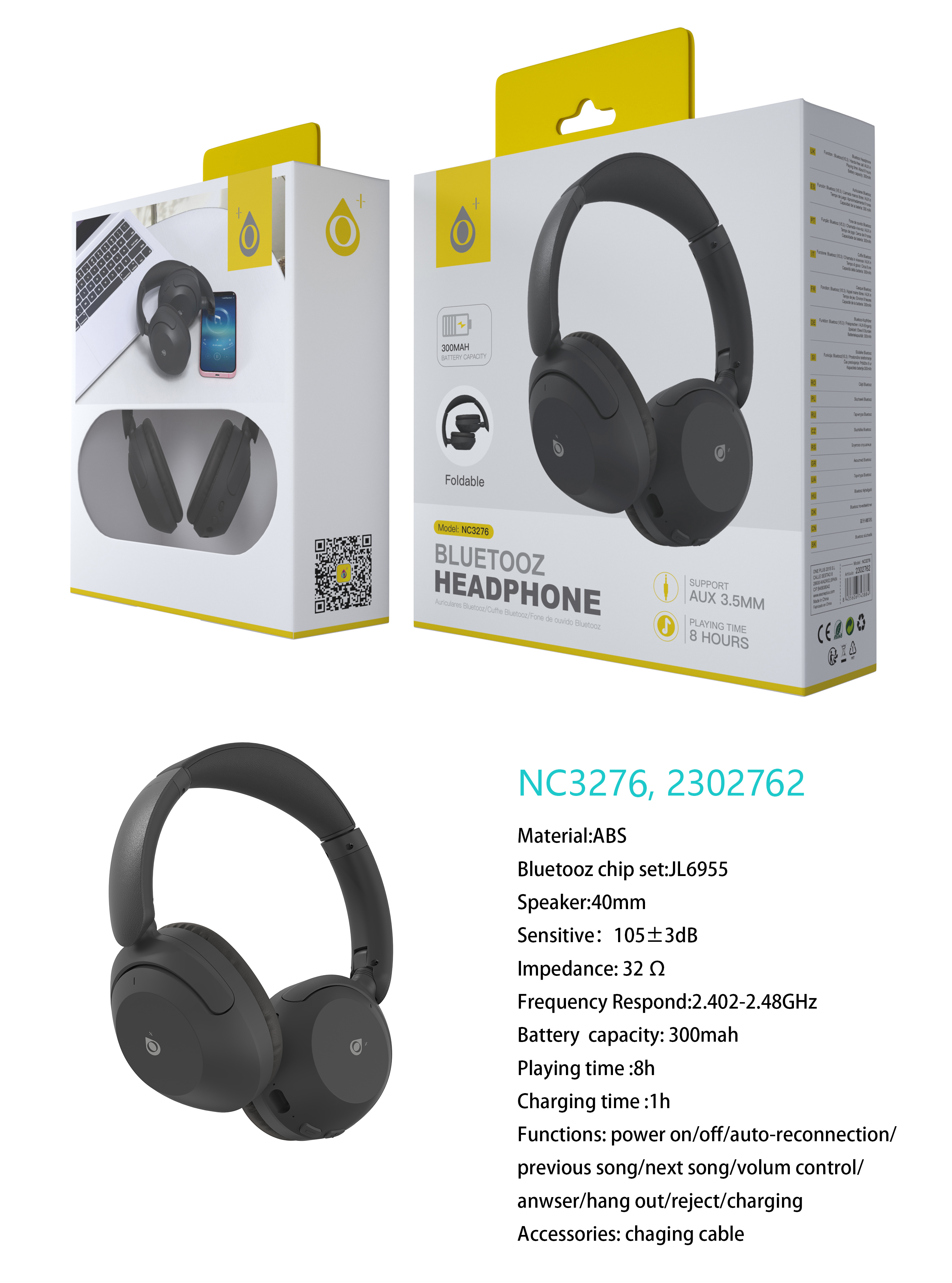 NC3276 NE Auriculares Casco plegable Moonlight BTS V5.3, Bateria 300mAh, 8h de uso, Soporta a Cable Audio 3.5mm, Negro