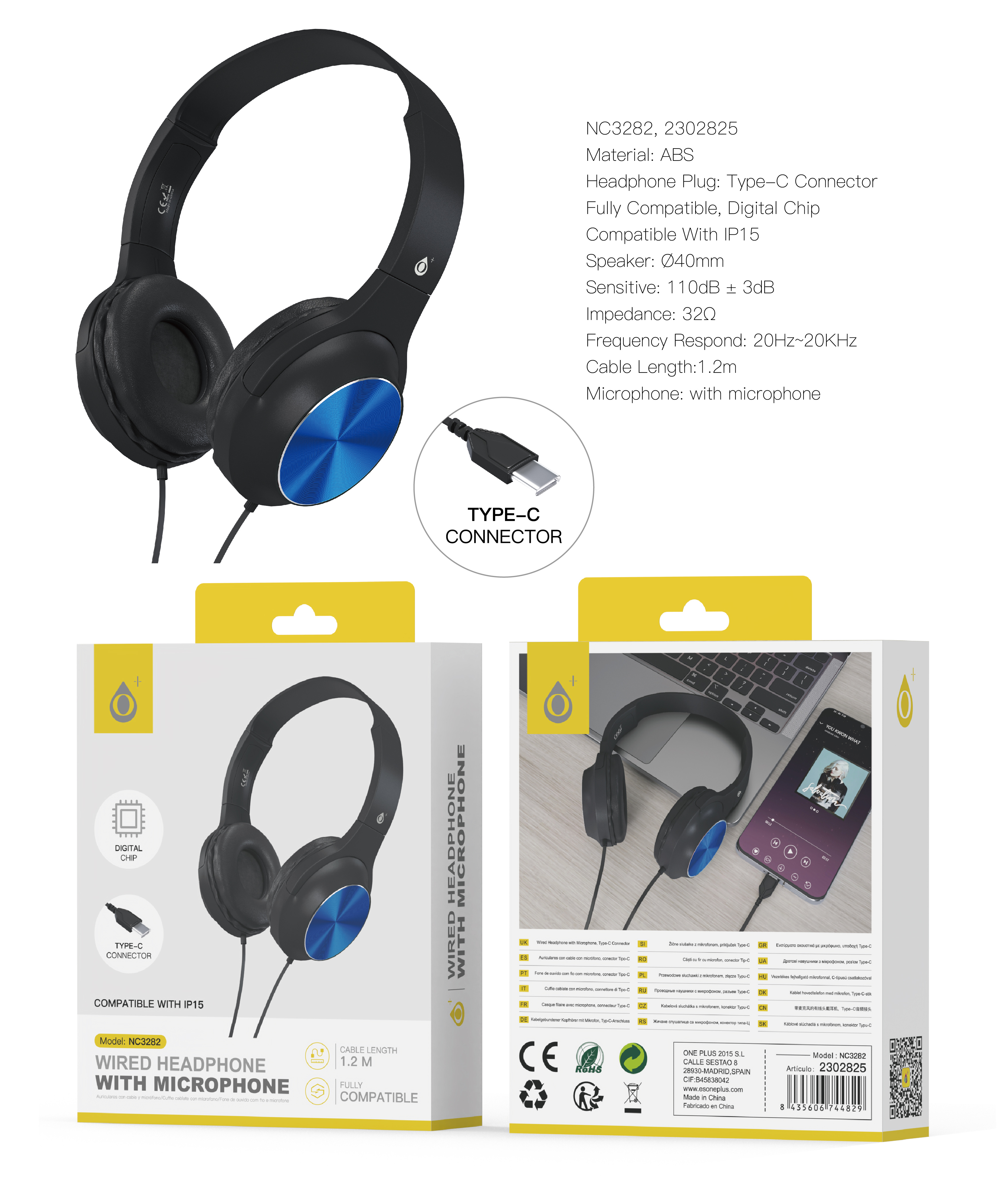 NC3282 NE+AZ Auriculares Casco Ilaria con Cable Type-C y Microfono, 1.2m, Compatible con Apple, Negr