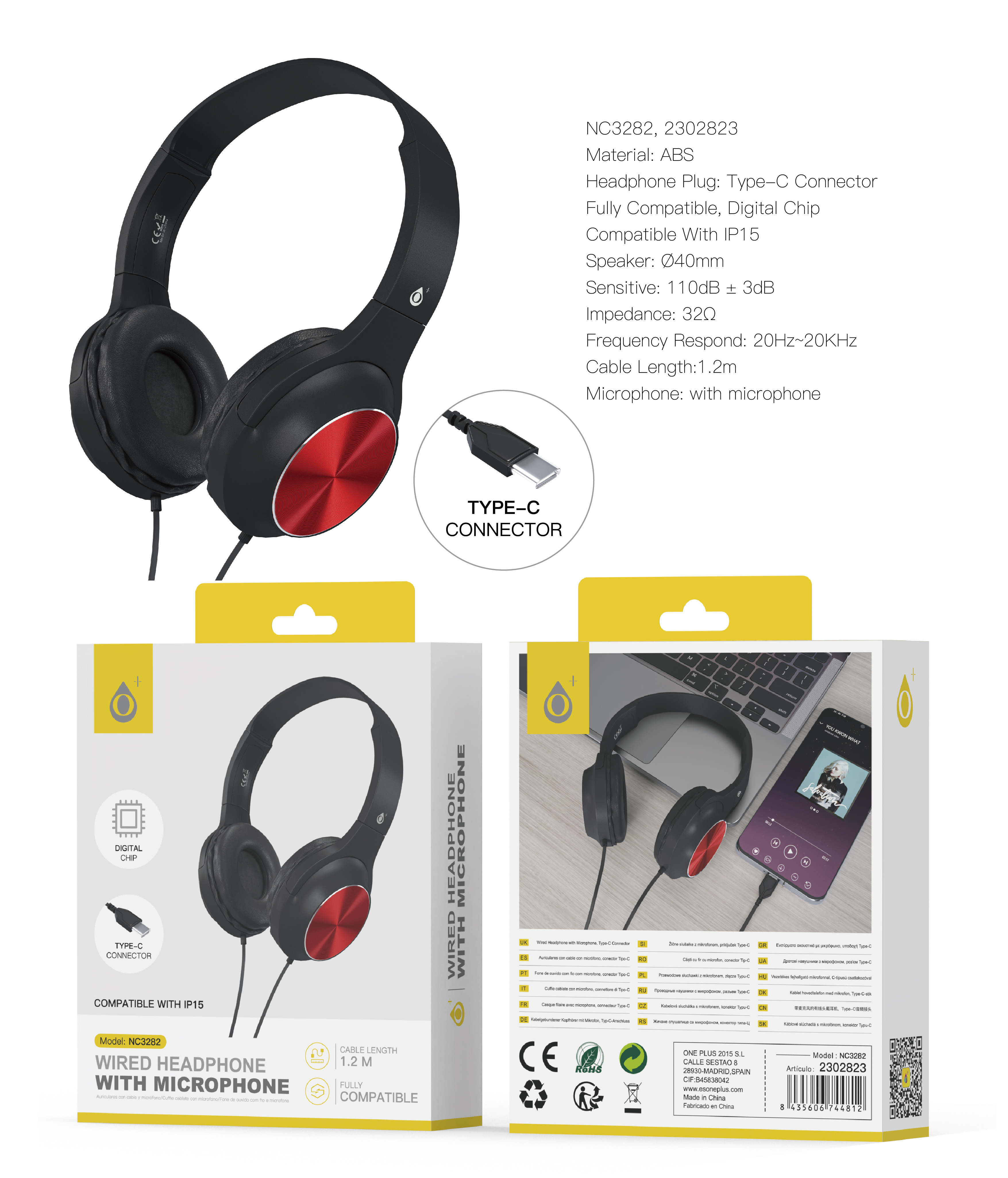 NC3282 NE+RJ Auriculares Casco Ilaria con Cable Type-C y Microfono, 1.2m, Compatible con Apple, Negr