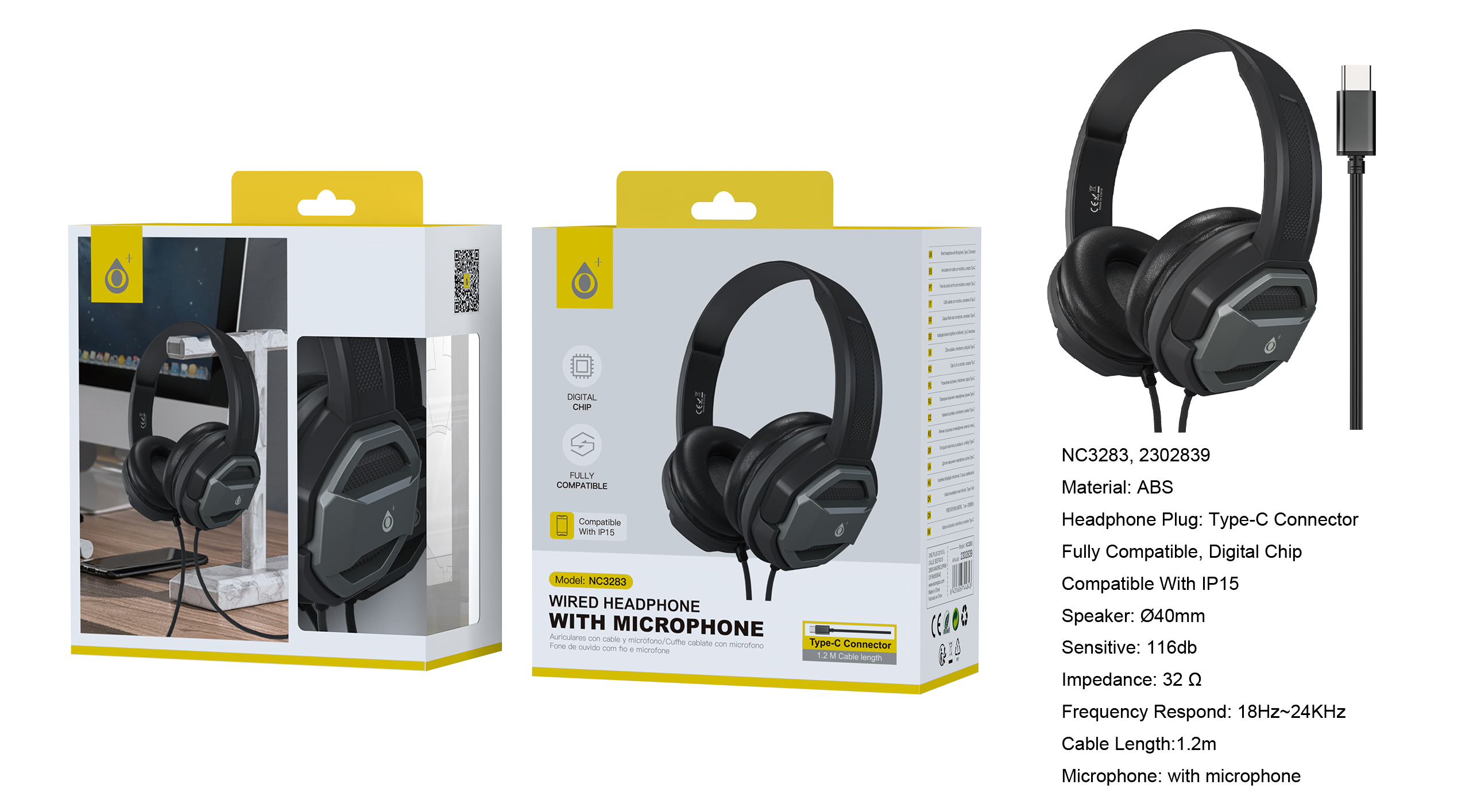 NC3283 GR Auriculares Casco Volker con Cable Type-C y microfono, Cable 1.2m, Gris