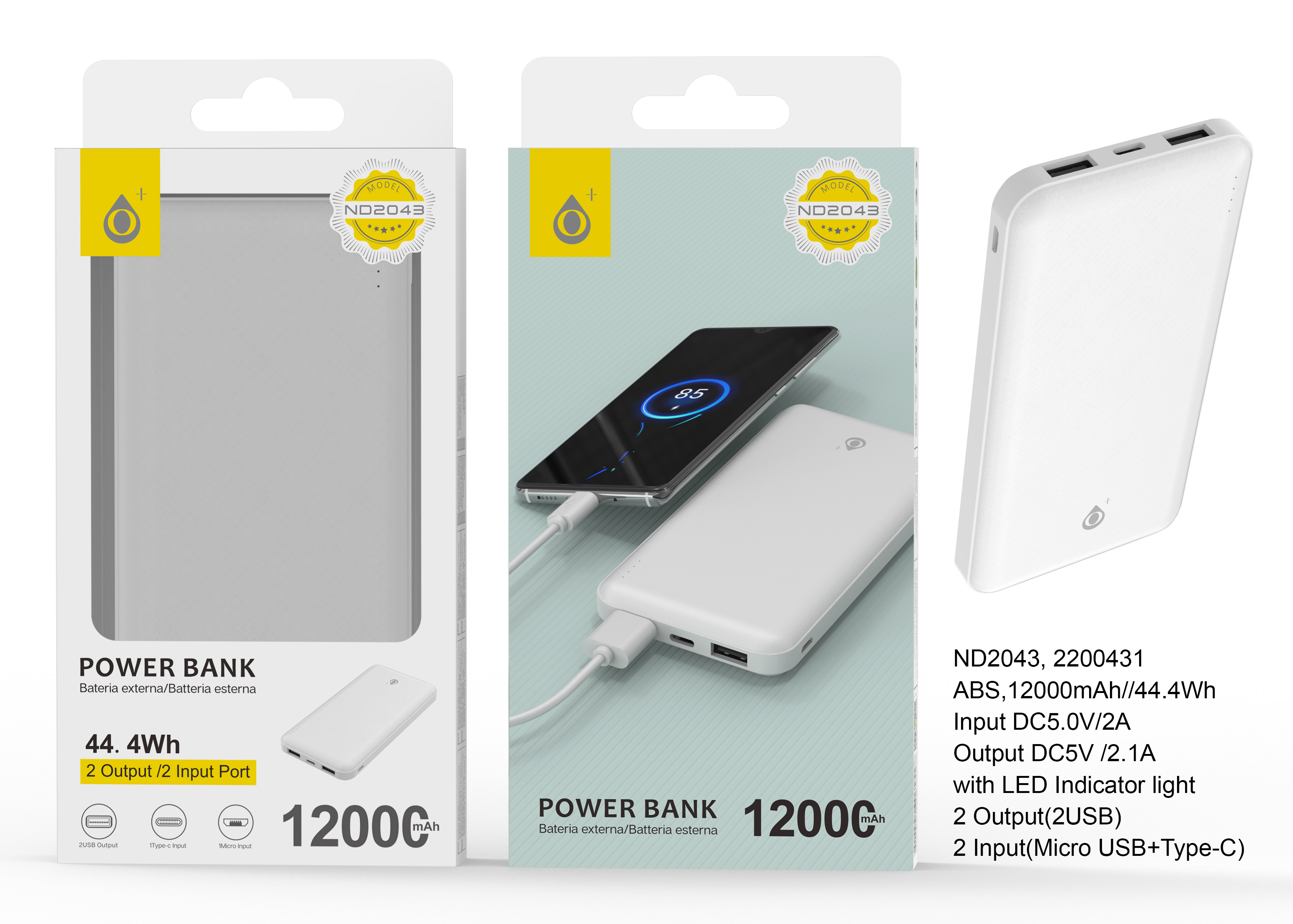 ND2043 BL PowerBank AXEL 12000mAh/44.4Wh,2 entrada(Micro USB+Type-C)2 Salida(2USB),Blanco