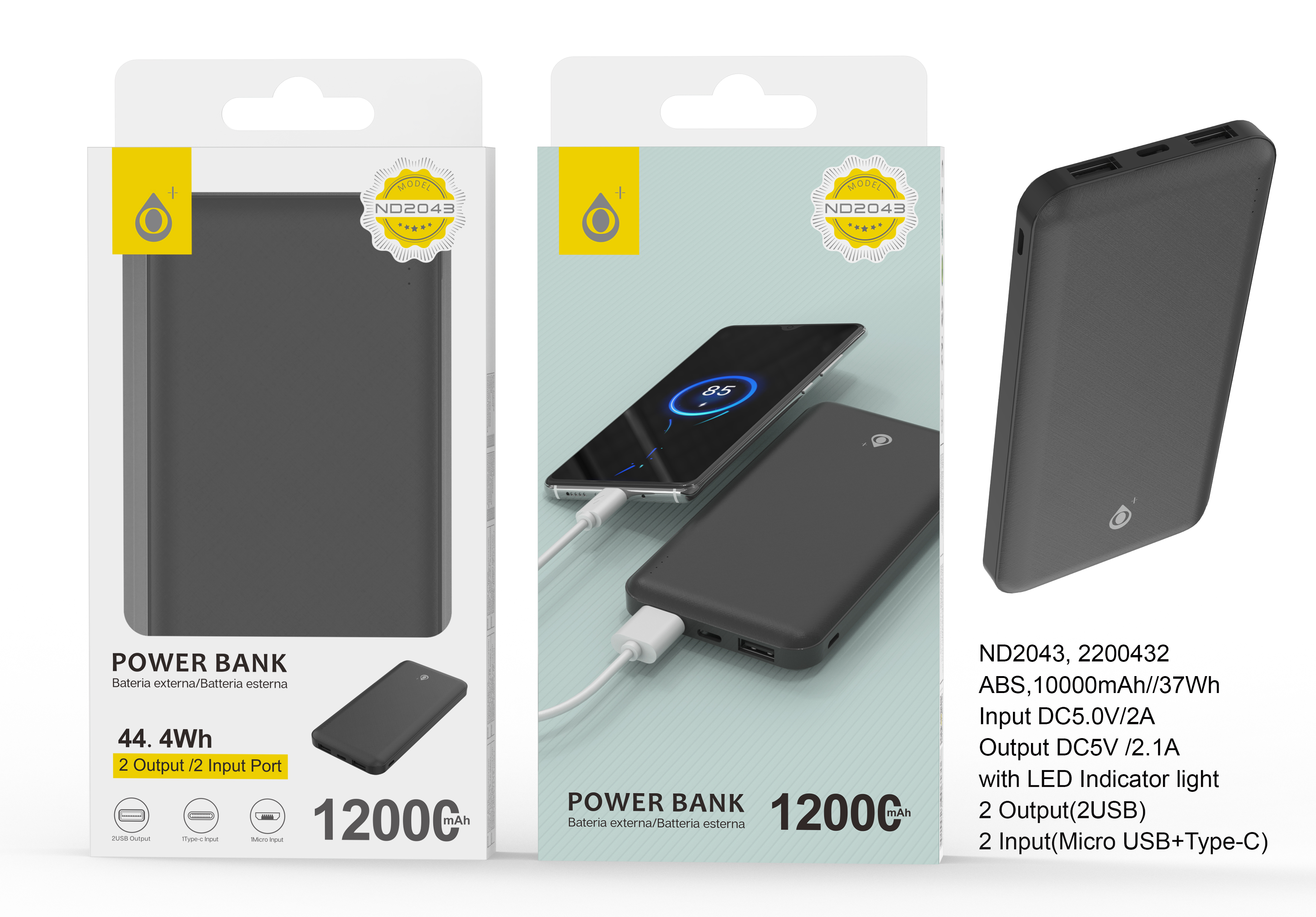 ND2043 NE PowerBank AXEL 12000mAh/44.4Wh,2entrada(Micro USB+Type-C)2 Salida(2USB),Negro