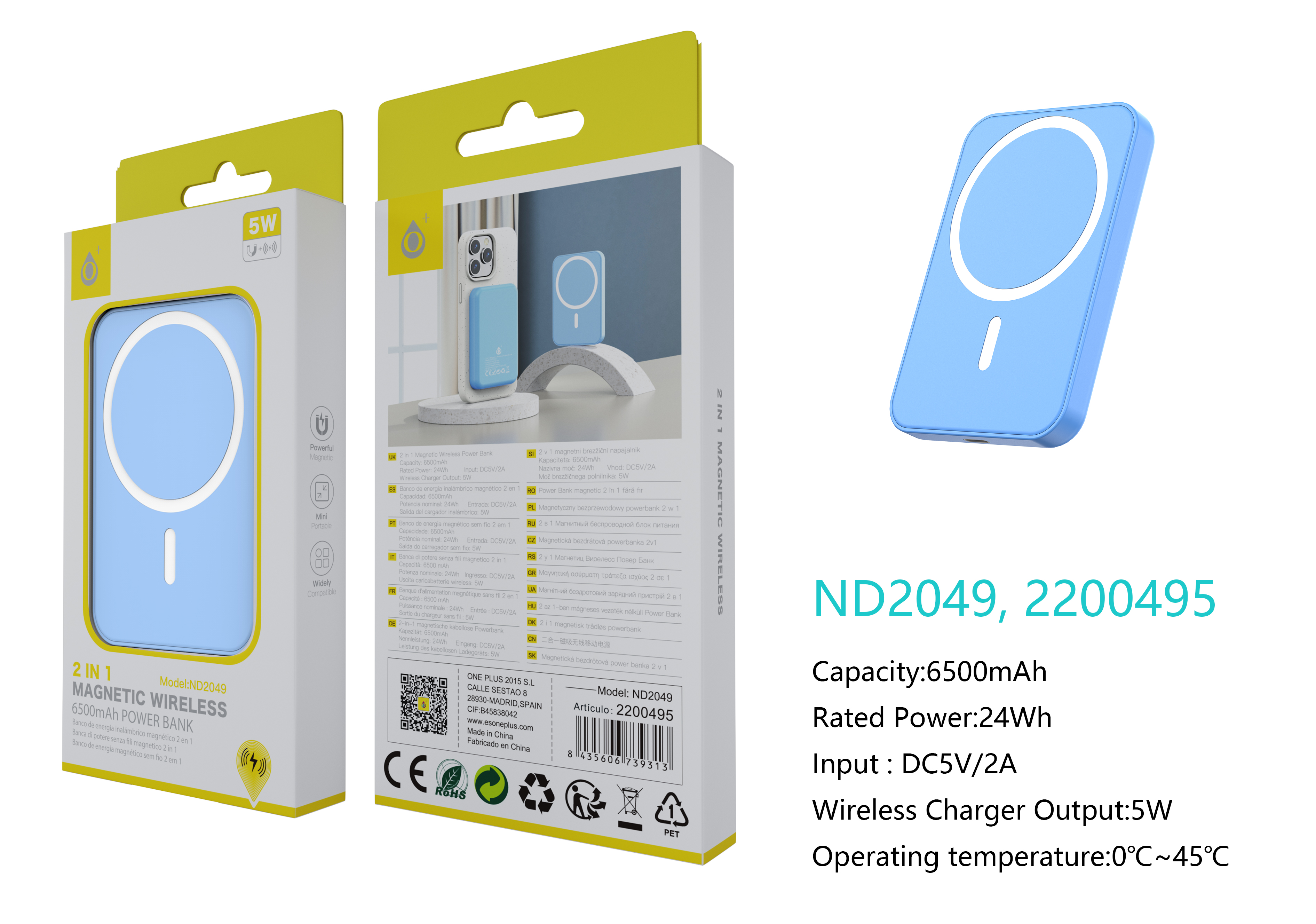 ND2049 AZ PowerBank Magneticos 6500mAh/24Wh, Con Carga Inalambrica 5W, Entrada Lightning, Azul