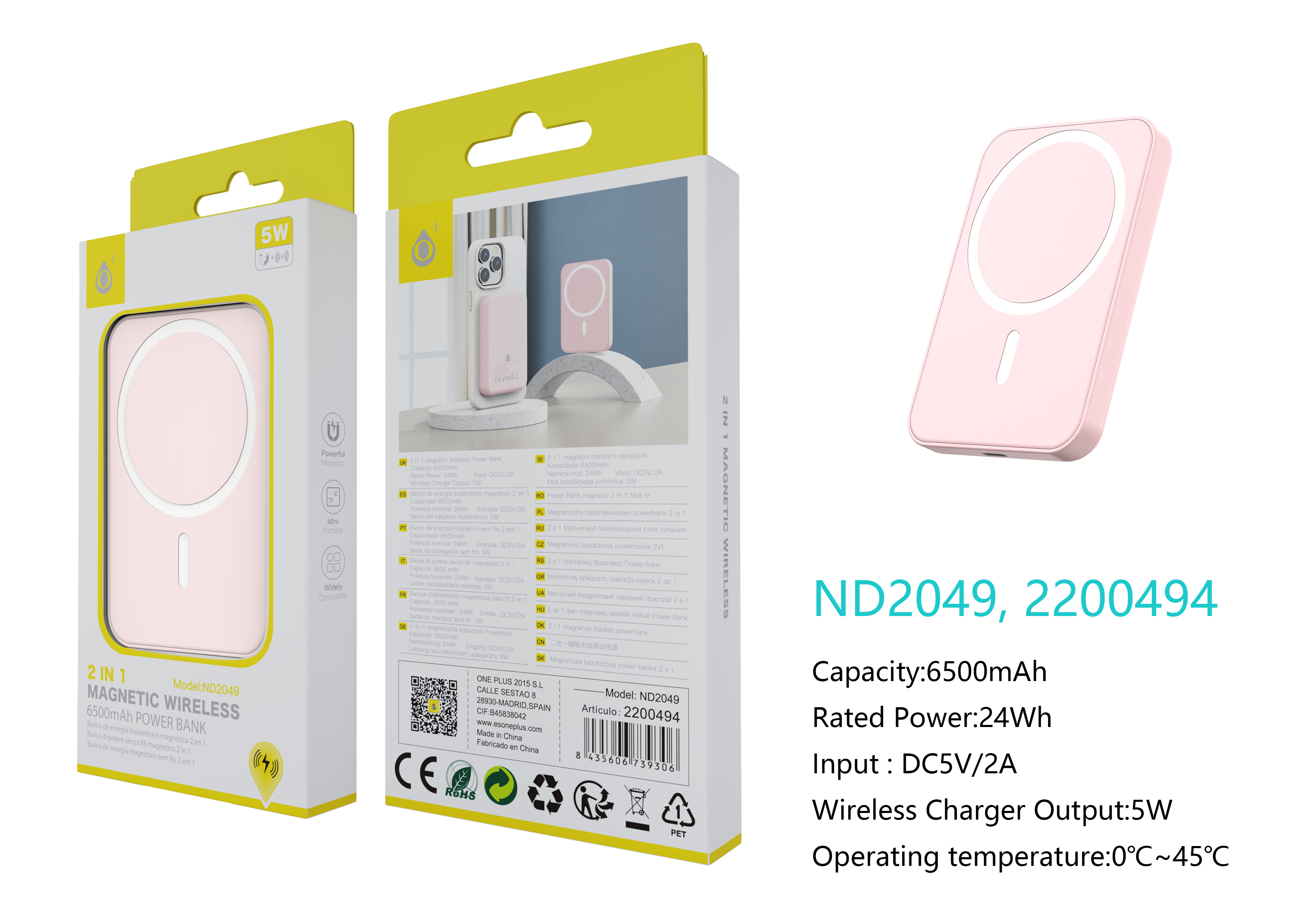 ND2049 RS PowerBank Magneticos 6500mAh/24Wh, Con Carga Inalambrica 5W, Entrada Lightning, Rosa