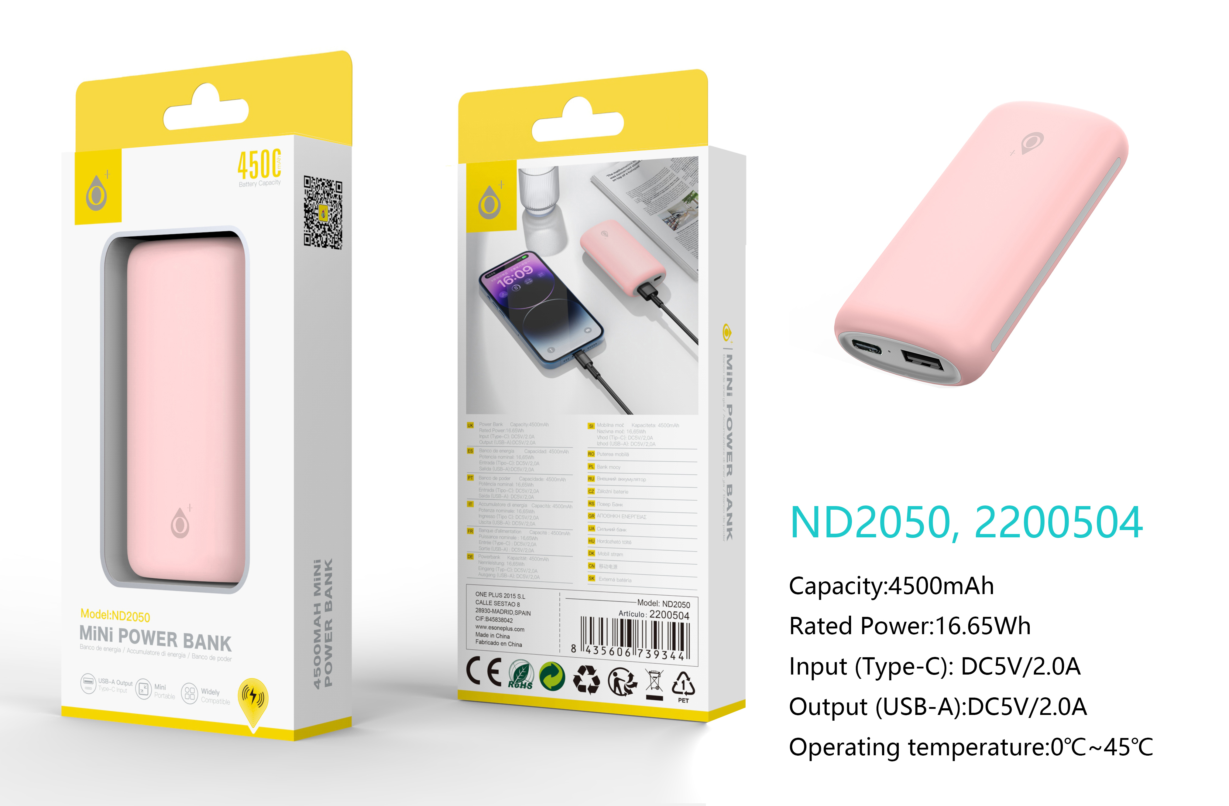 ND2050 RS PowerBank 4500mAh/16.65Wh, 1 Entrada USB-C y 1 Salida 1USB-A, Rosa