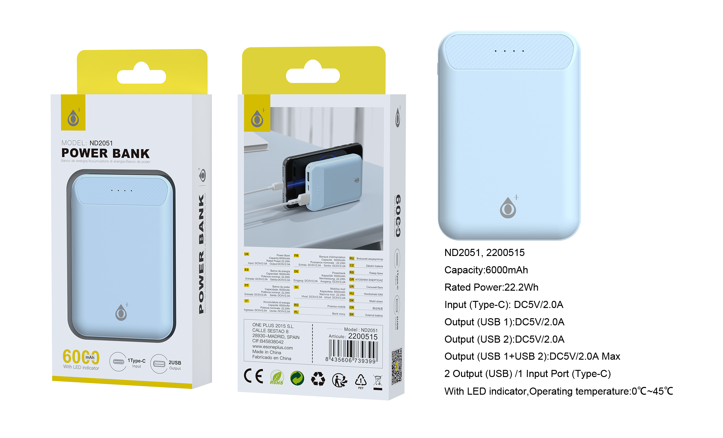 ND2051 AZ PowerBank Omar 6000mAh/22.2Wh Con Indicador LED, 1 entrada(Type-C), 2 salida(USB-A), Blanco