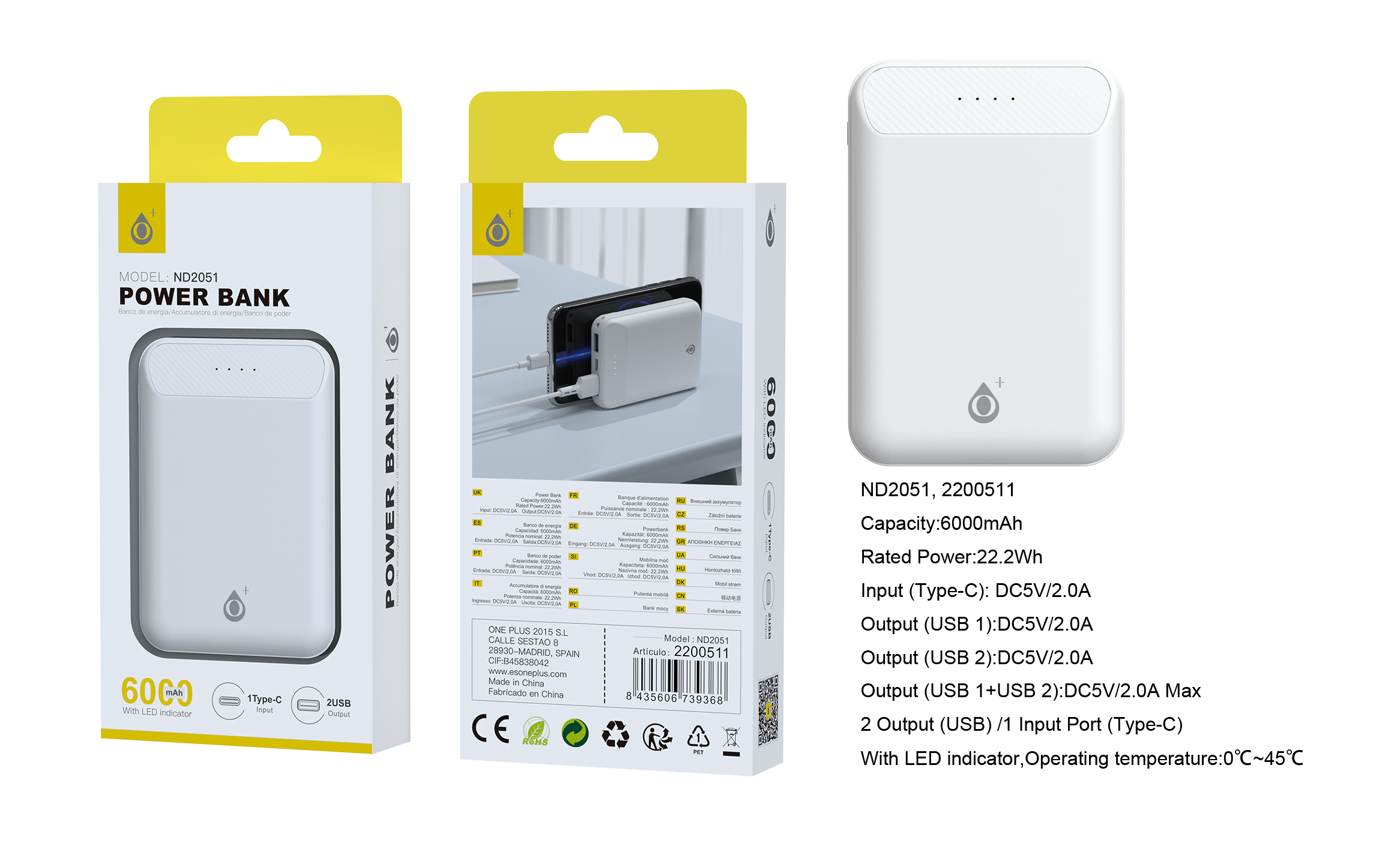 ND2051 BL PowerBank Omar 6000mAh/22.2Wh Con Indicador LED, 1 entrada(Type-C), 2 salida(USB-A), Blanco