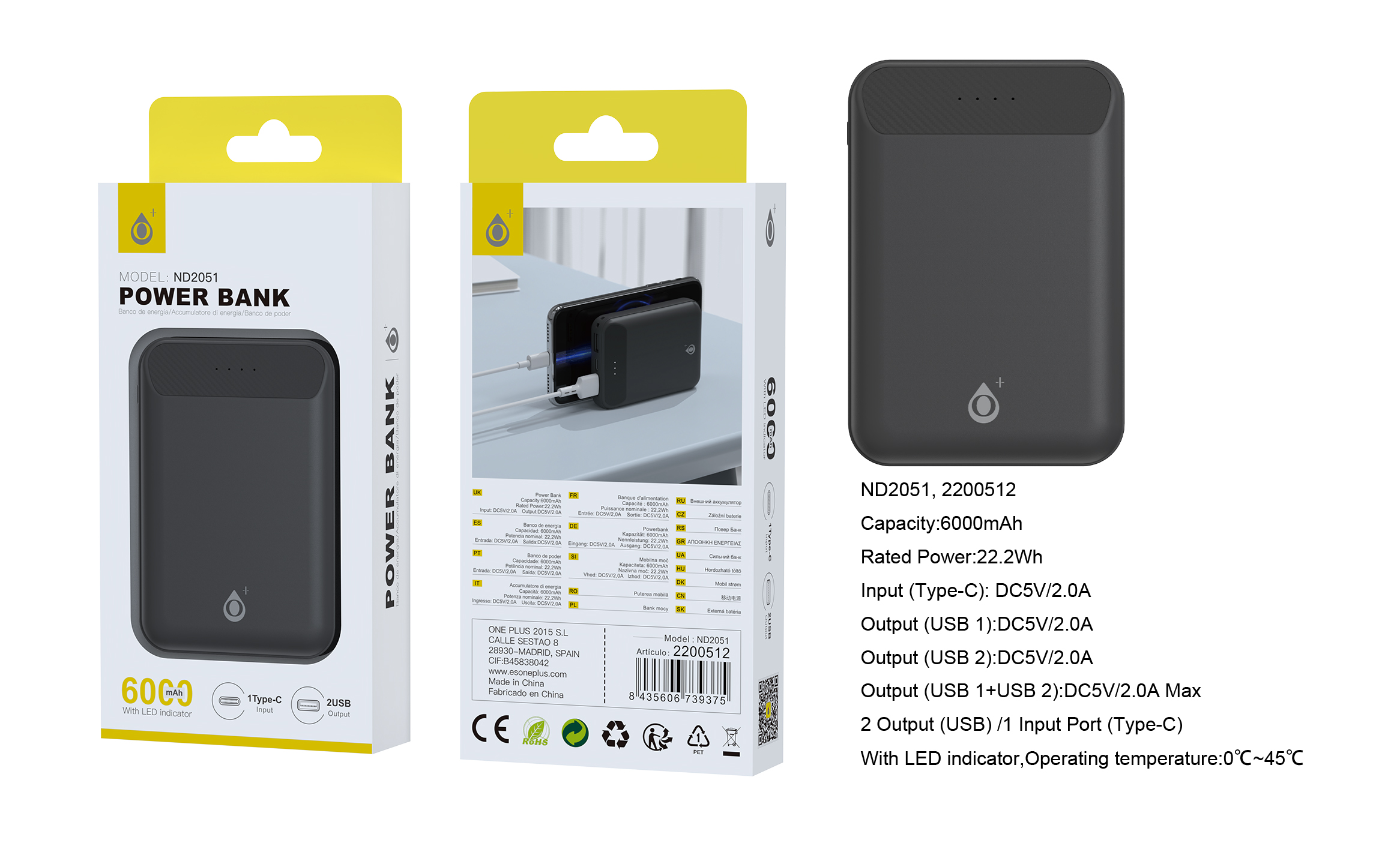 ND2051 NE PowerBank Omar 6000mAh/22.2Wh Con Indicador LED, 1 entrada(Type-C), 2 salida(USB-A), Negro