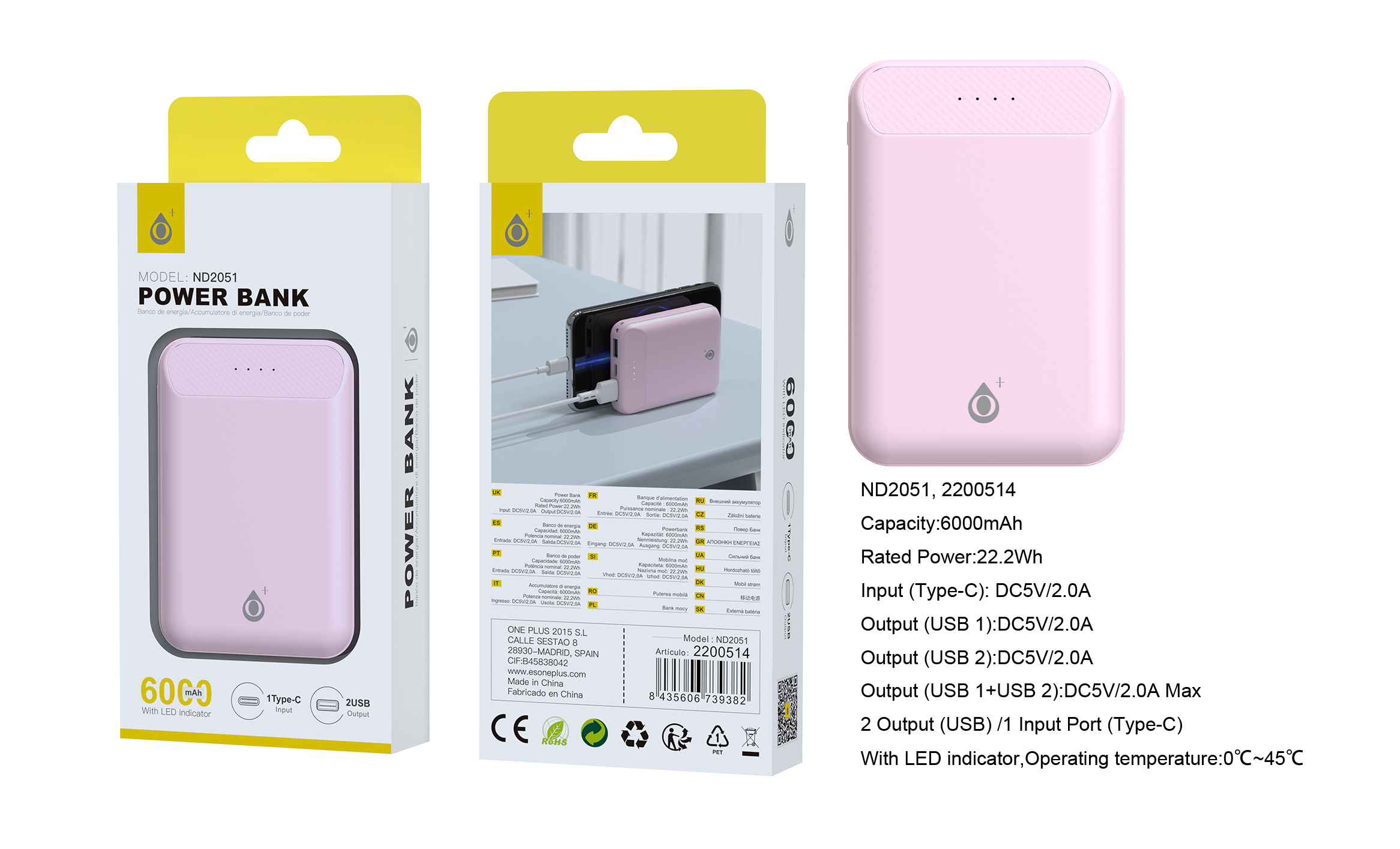 ND2051 RS PowerBank Omar 6000mAh/22.2Wh Con Indicador LED, 1 entrada(Type-C), 2 salida(USB-A), Rosa