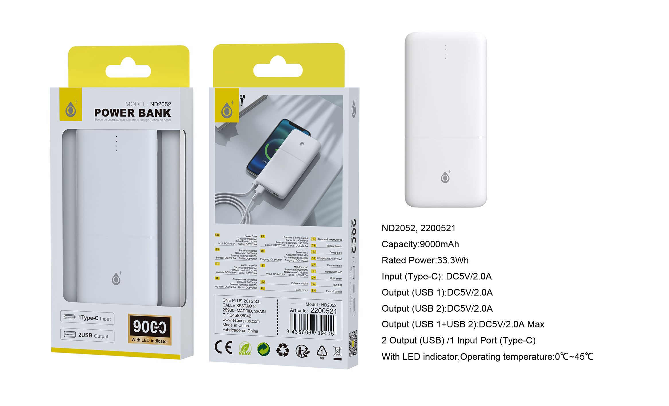 ND2052 BL PowerBank Omar 9000mAh/33.3Wh Con Indicador LED, 1 entrada(Type-C), 2 salida(USB-A), Blanco