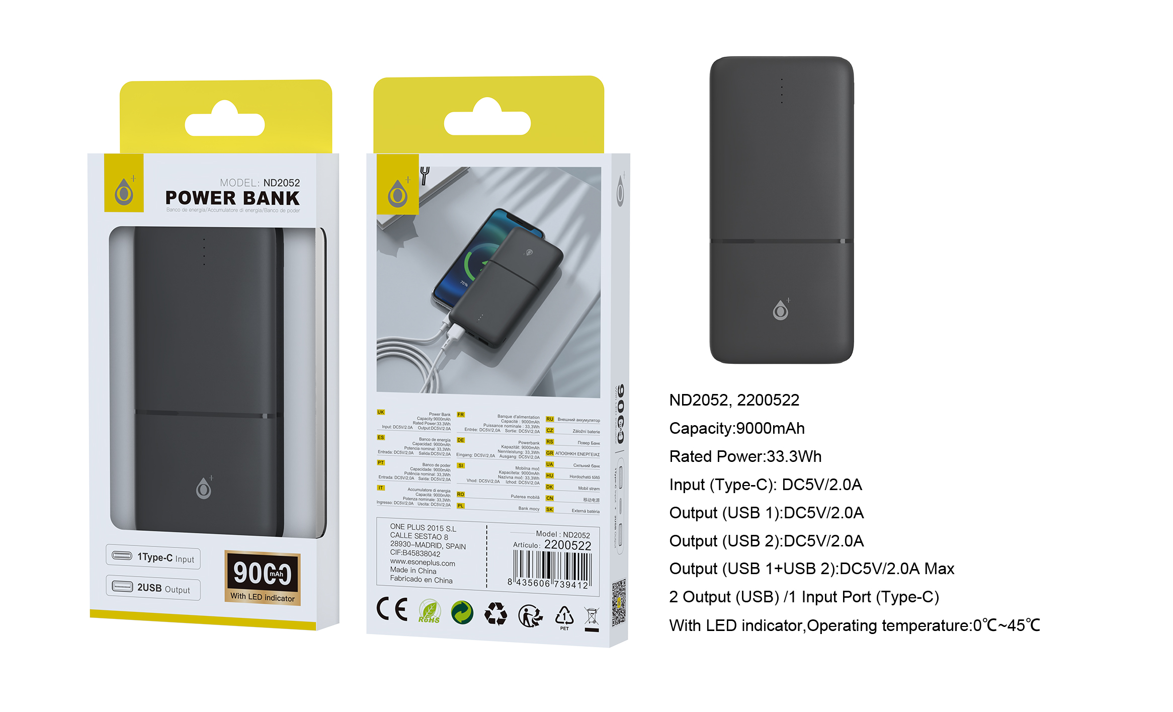 ND2052 NE PowerBank Omar 9000mAh/33.3Wh Con Indicador LED, 1 entrada(Type-C), 2 salida(USB-A), Negro