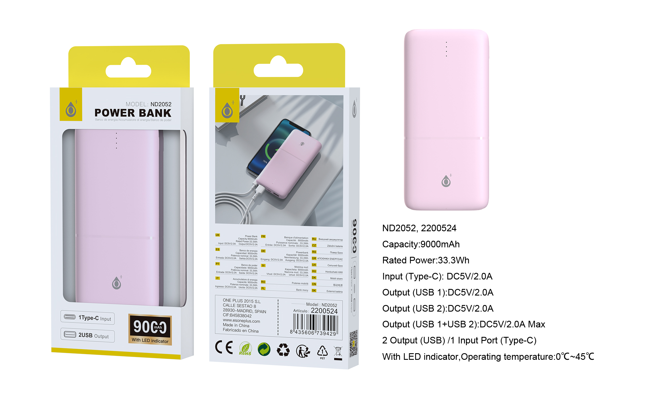 ND2052 RS PowerBank Omar 9000mAh/33.3Wh Con Indicador LED, 1 entrada(Type-C), 2 salida(USB-A), Rosa