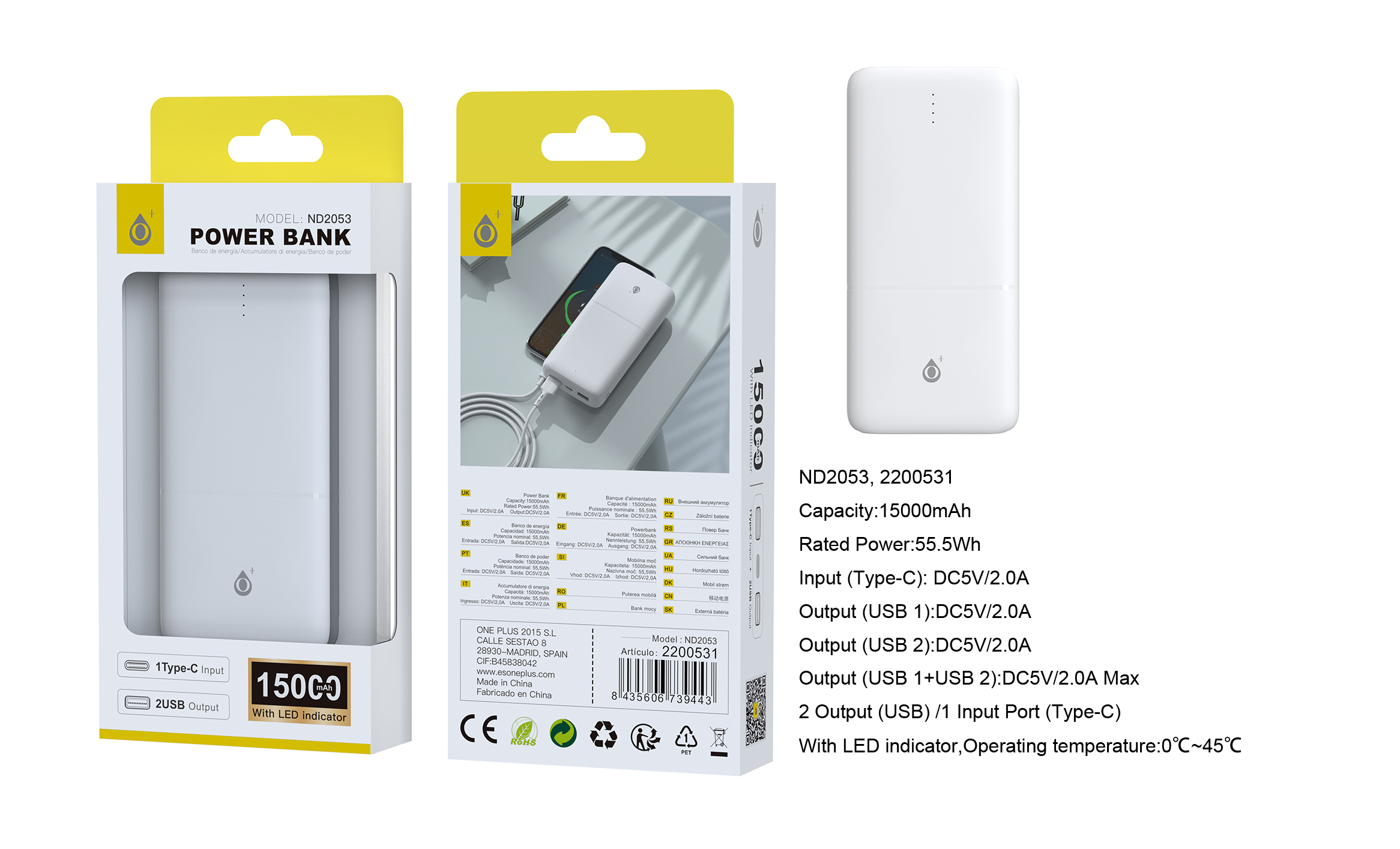 ND2053 BL PowerBank Omar 15000mAh/55.5Wh Con Indicador LED, 1 entrada(Type-C), 2 salida(USB-A), Blanco