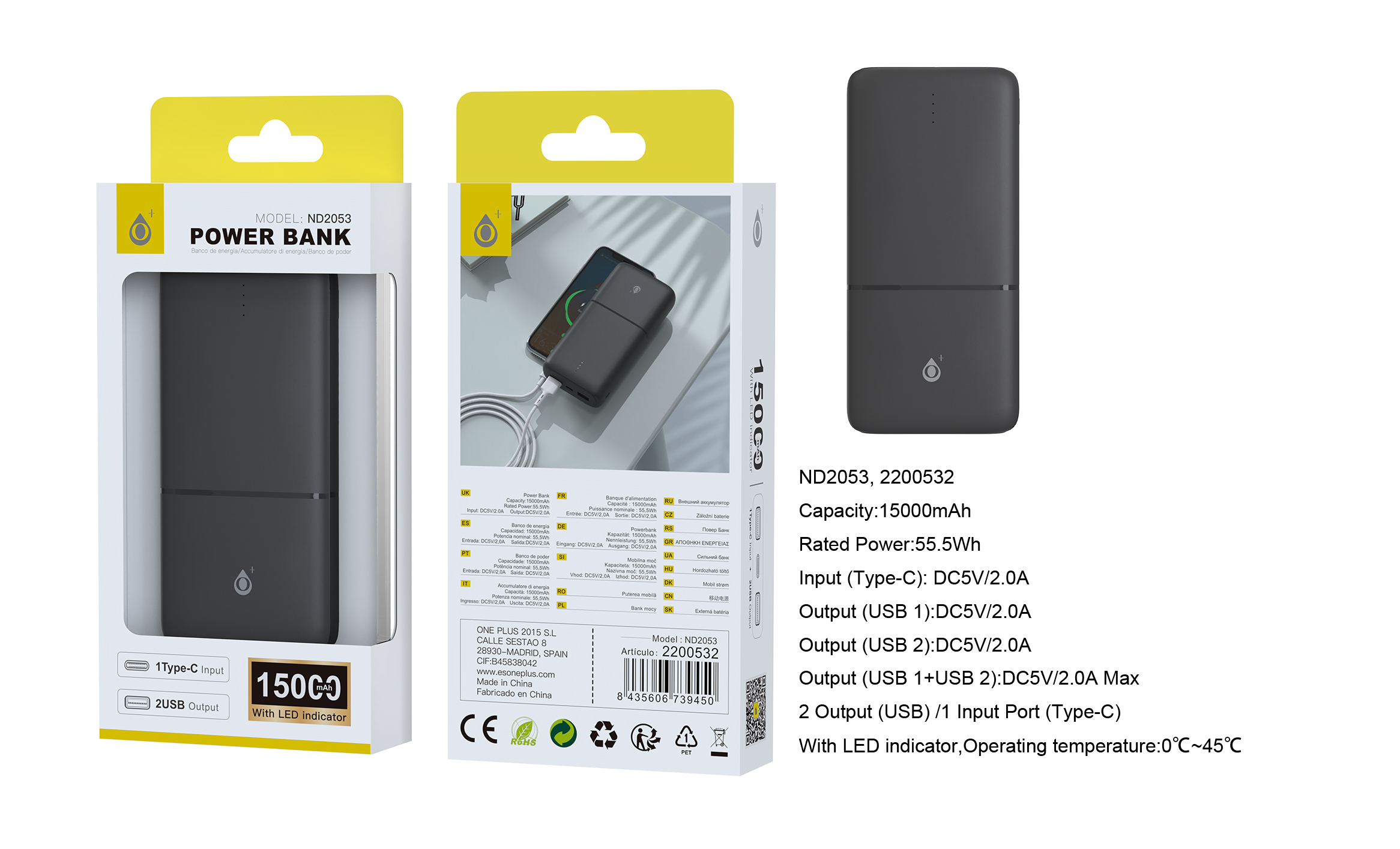 ND2053 NE PowerBank Omar 15000mAh/55.5Wh Con Indicador LED, 1 entrada(Type-C), 2 salida(USB-A), Negro