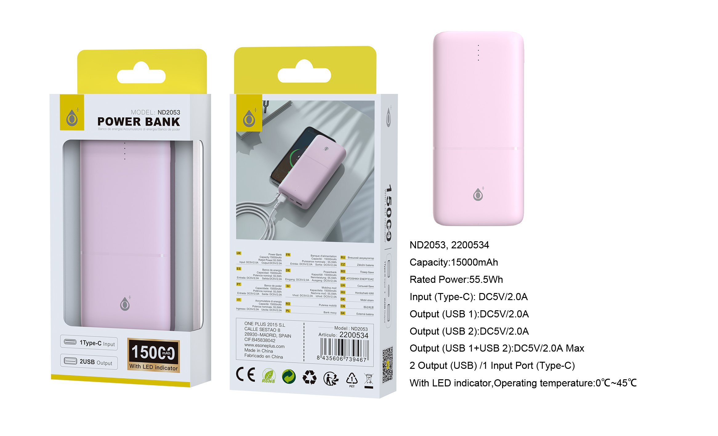 ND2053 RS PowerBank Omar 15000mAh/55.5Wh Con Indicador LED, 1 entrada(Type-C), 2 salida(USB-A), Rosa