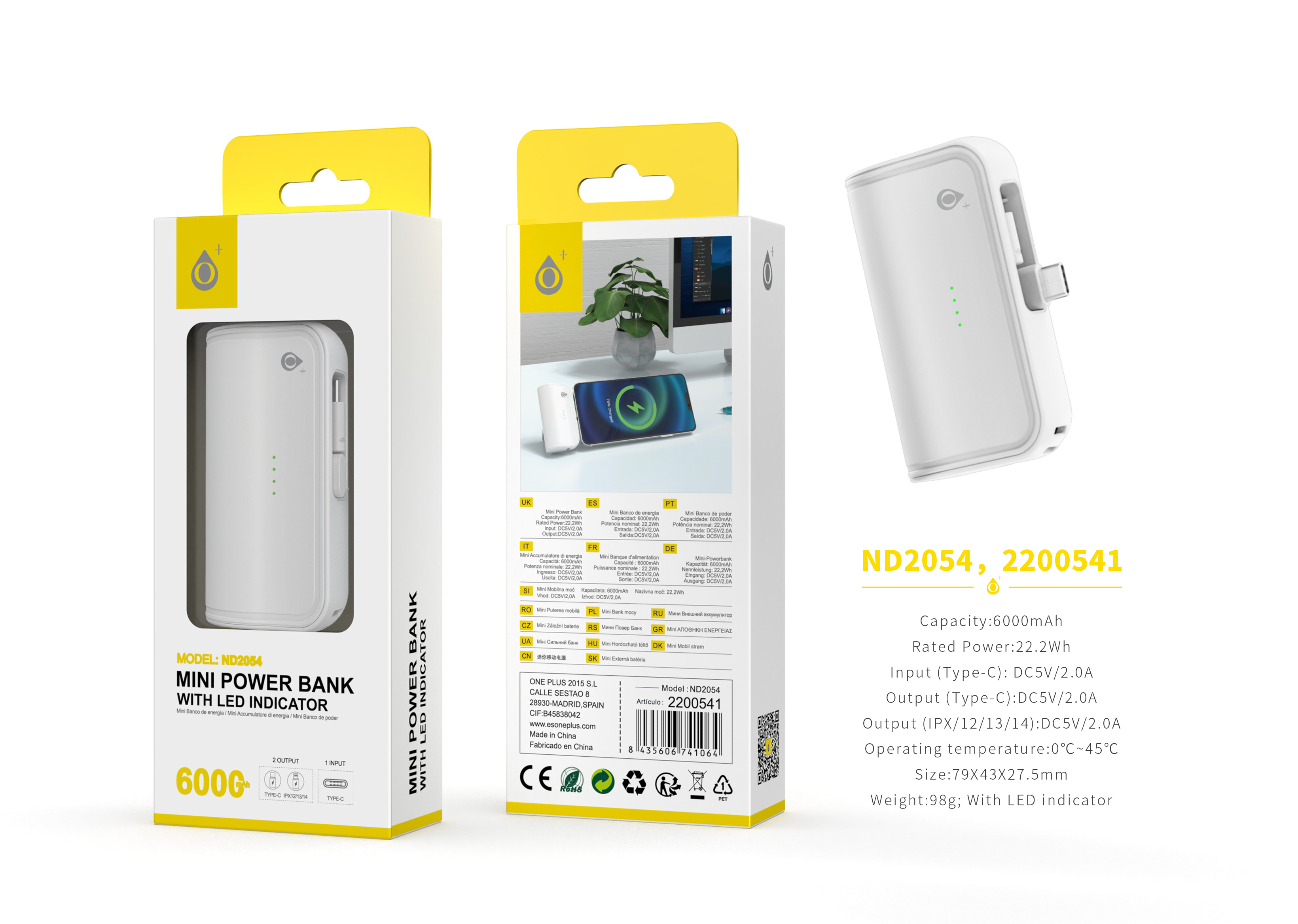 ND2054 BL Mini PowerBack con luz de indicador, 6000mAh/22.2Wh, 1 Entrada Type-C, 2 Salida(Type-C+Lig