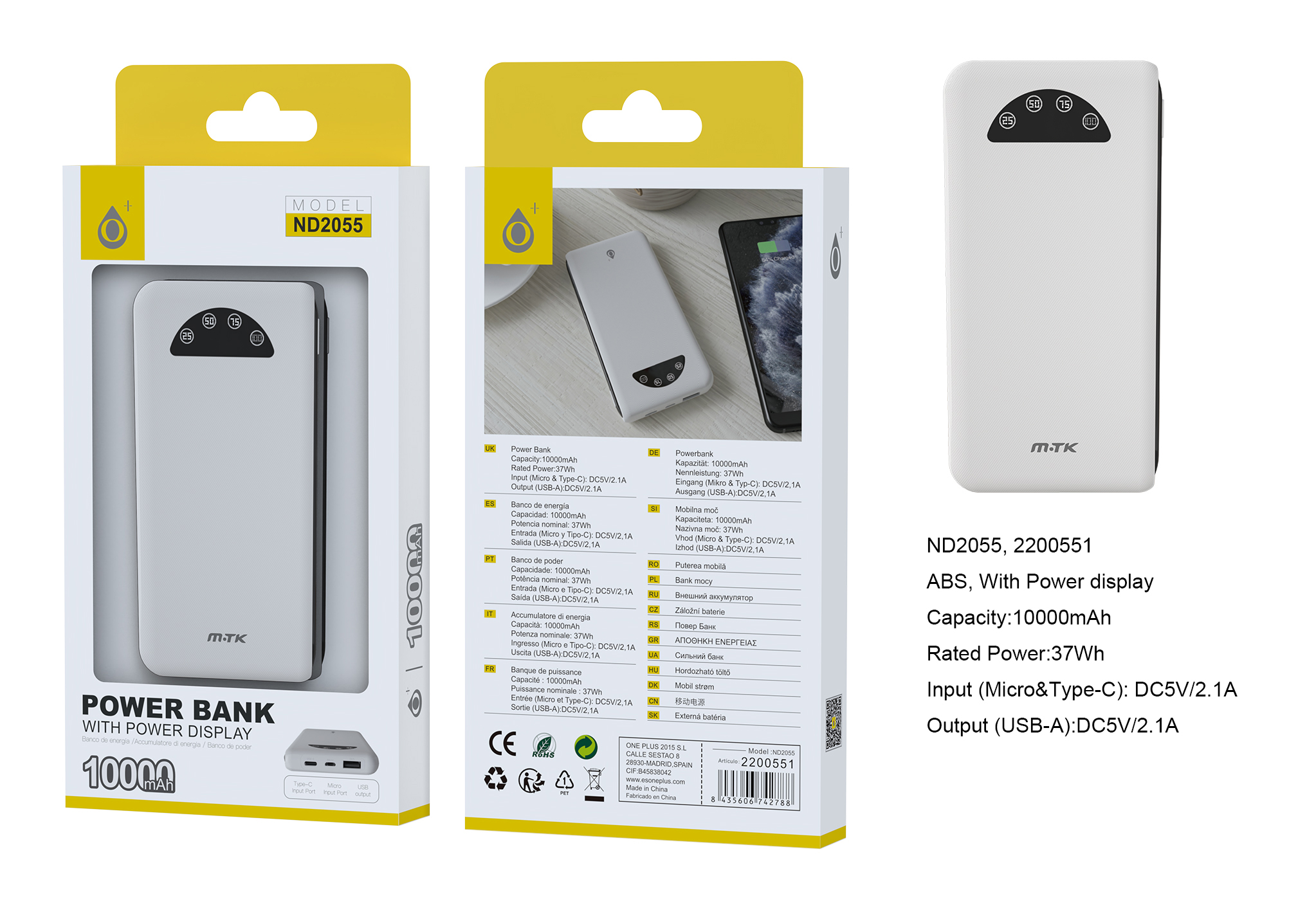 ND2055 BL Powerbank  con indicador bateria 10000mAh/37Wh, 1 Salida USB-A  y 2 Entrada USB-C+Micro),B