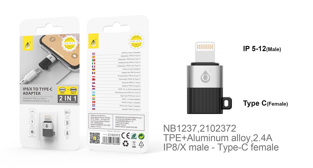 NE NB1237 Adaptador  TYPE C a Iphone 5-12 ,Negro
