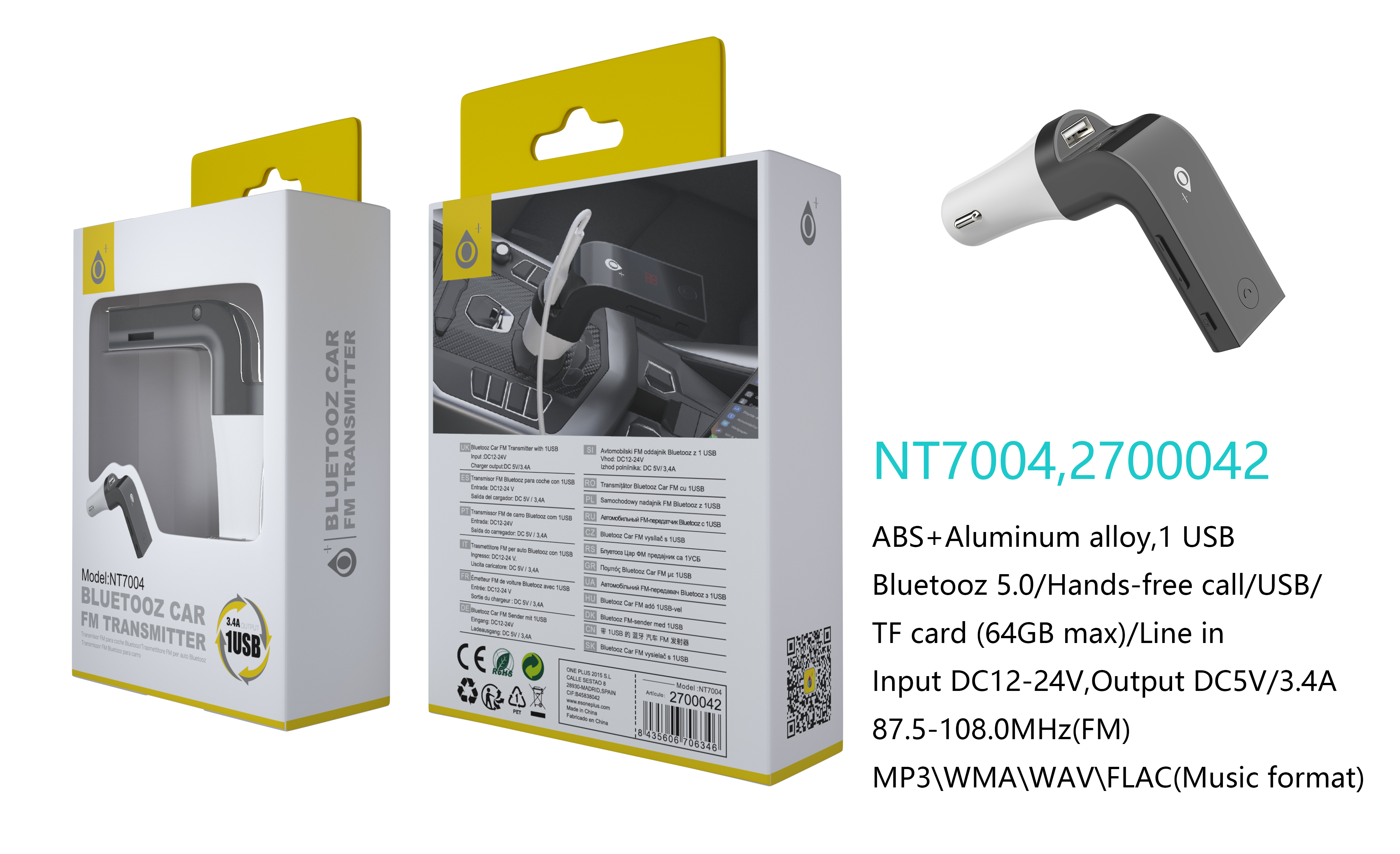 NE NT7004 Transmisor FM Aluminio + ABS Bluetooth 5,0 De Coche ,Con Manos Libres/USB/ TF CARD (64GB MAX),Con Pantalla Y Boton Multifuncional, 1USB 5V/1