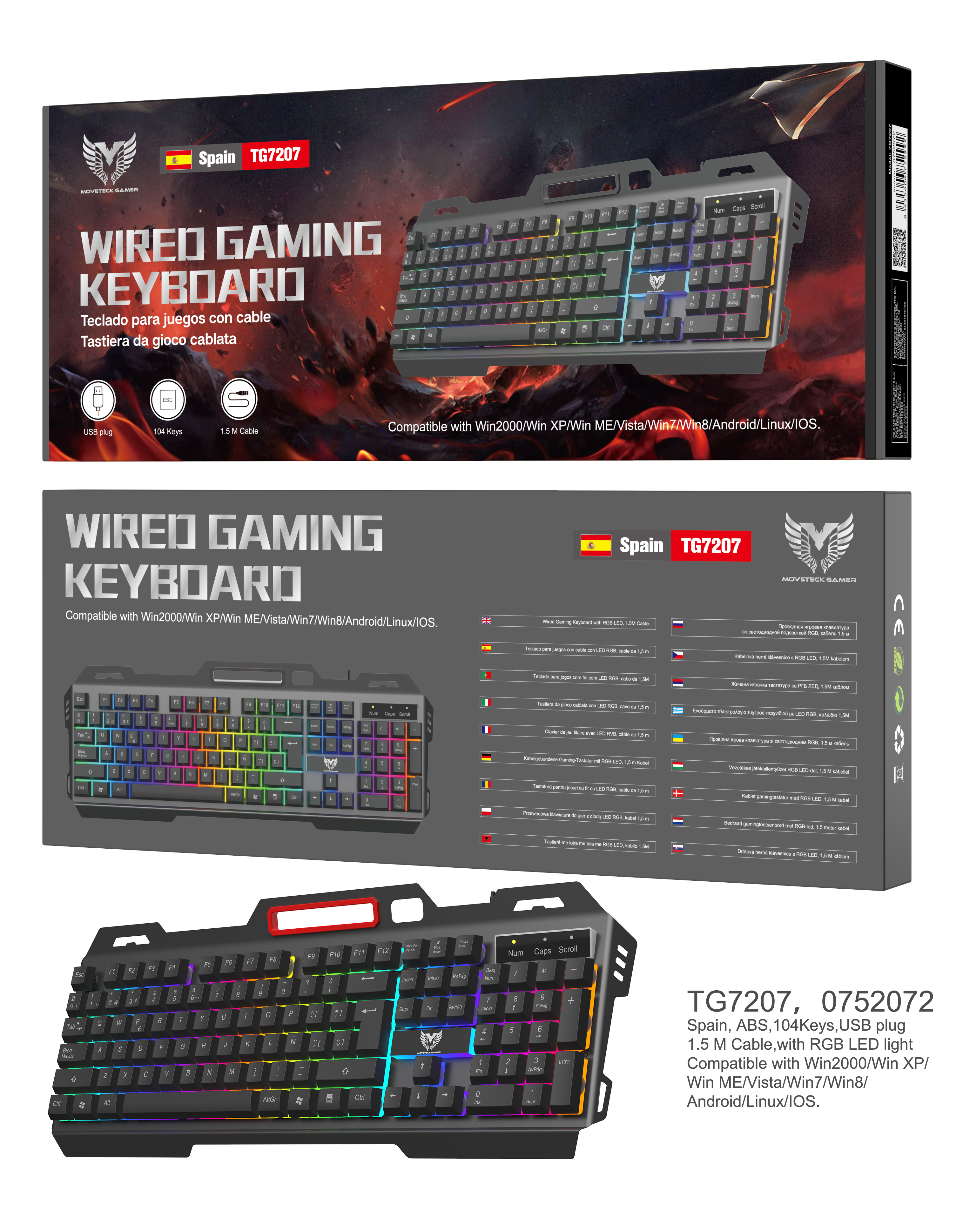 NE TG7207 Teclado Gaming Con Cable 1,5M y Luz RGB, 104 teclados con Placa Hierro, Compatible Con Win2000/Win XP/Win ME/Vista/Win 7/8/Android/Linux /IO