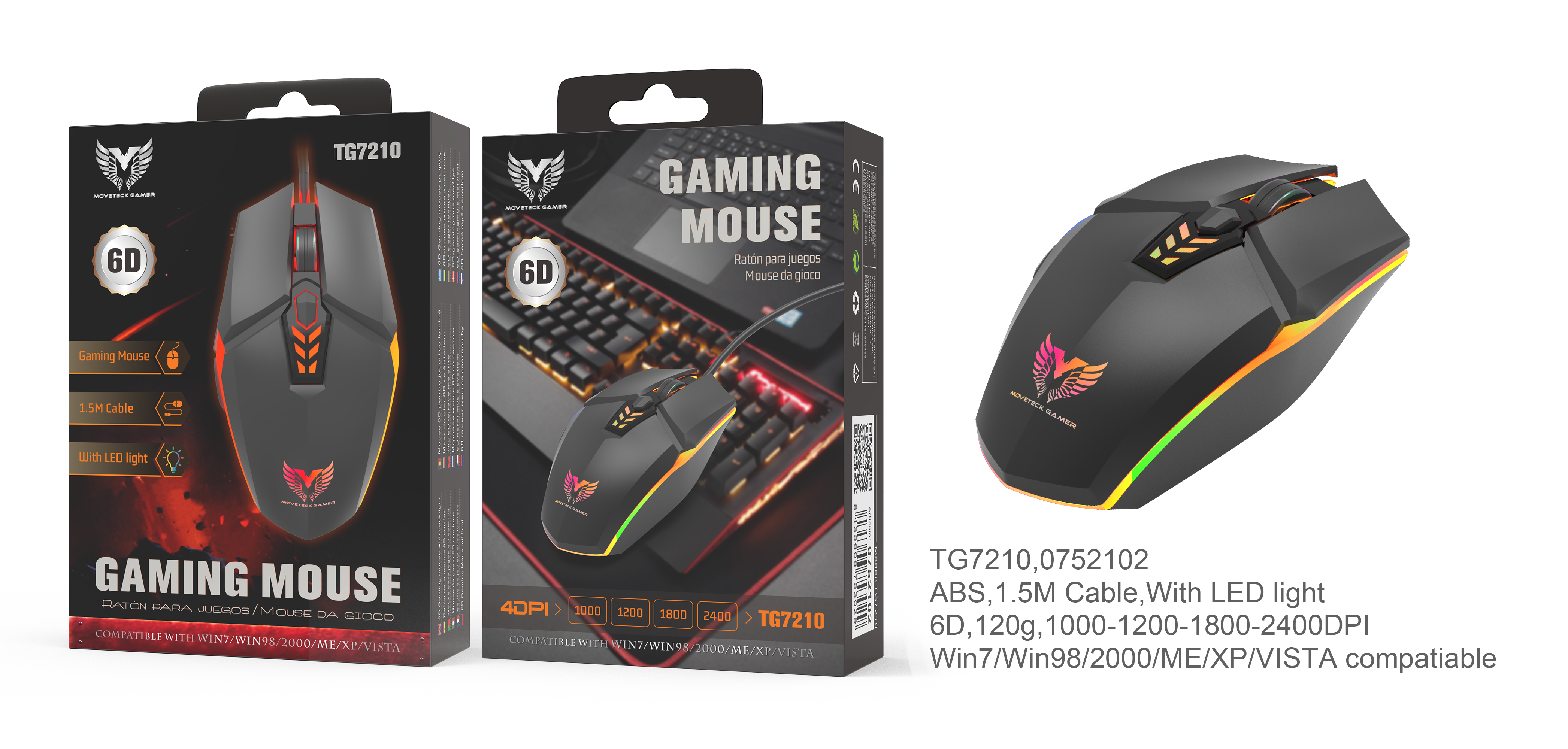 NE TG7210 6D Raton Gaming con Luz RGB, 4 Niveles de DPI 800-1200-1600-2400, 6 Botones,Longitud Cable 1.5m, Negro