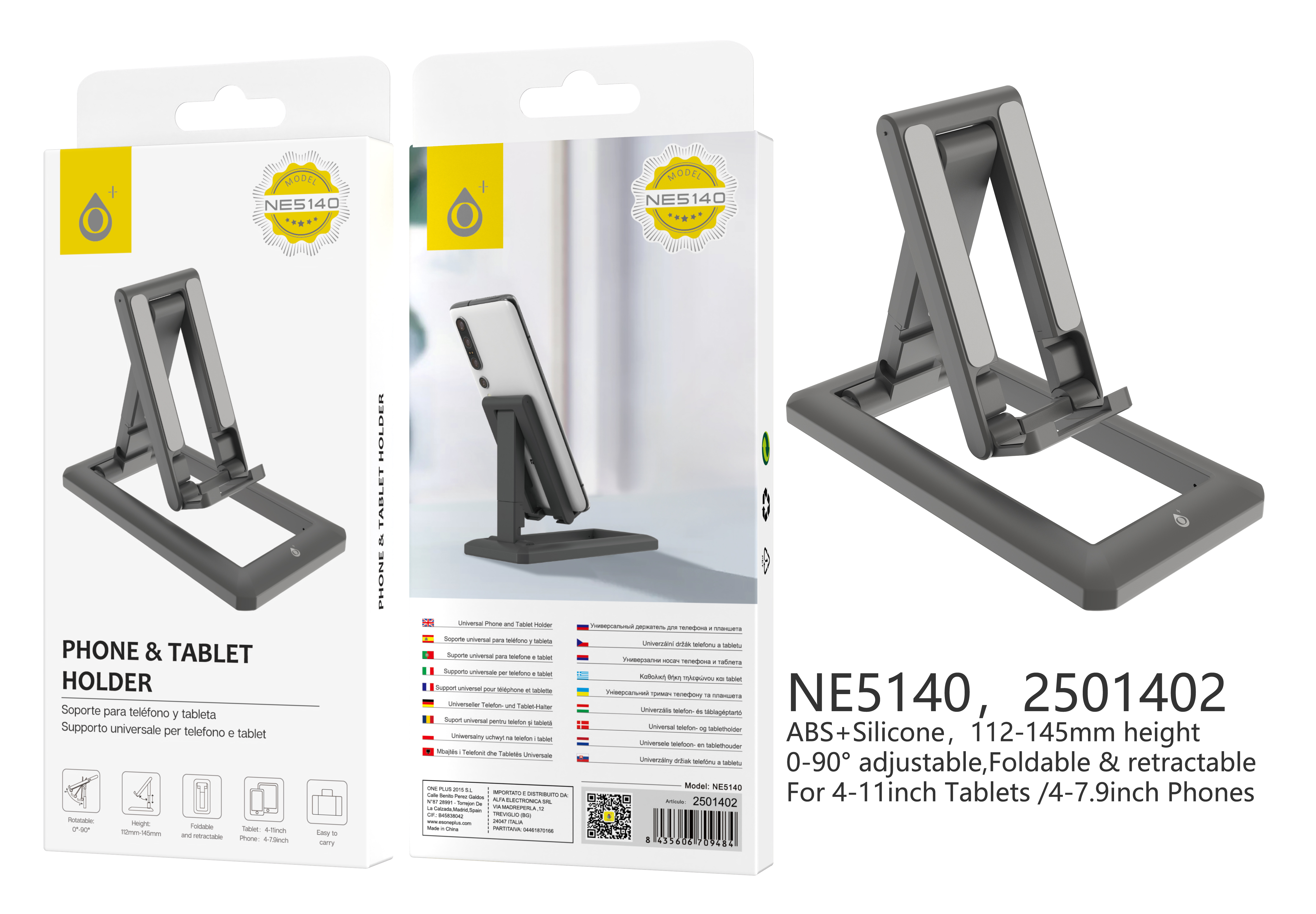 NE5140 NE Soporte Universal para Tablets y Moviles de 4-11 pulgadas, Base silicona, 90 grados Ajustable, Pregable y Extensible, Altura de 112-145mm, N