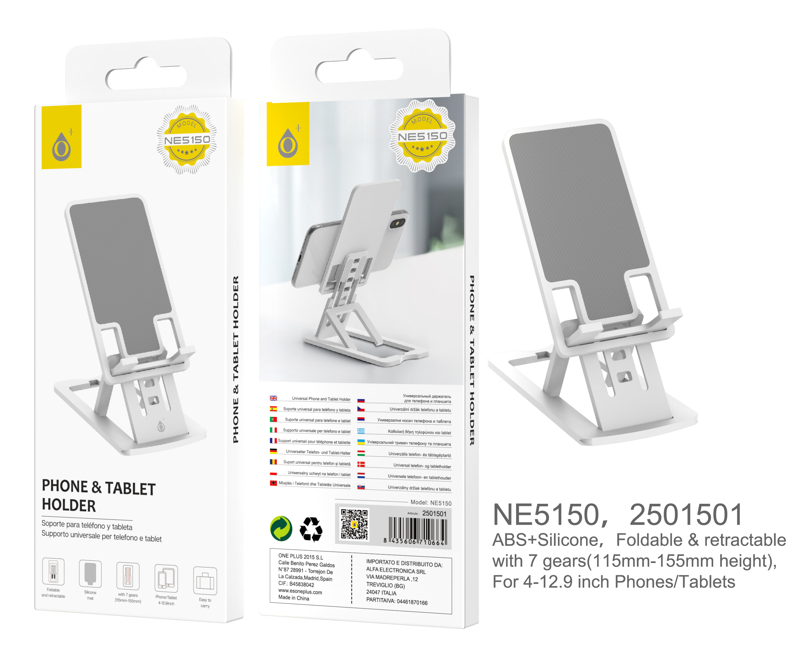 NE5150 BL Soporte Teléfono y Table para 4,0-12,9 pulgadas, Soporte Plegable con 7 Marchas (Altura de 11,5-15,5CM), Blanco