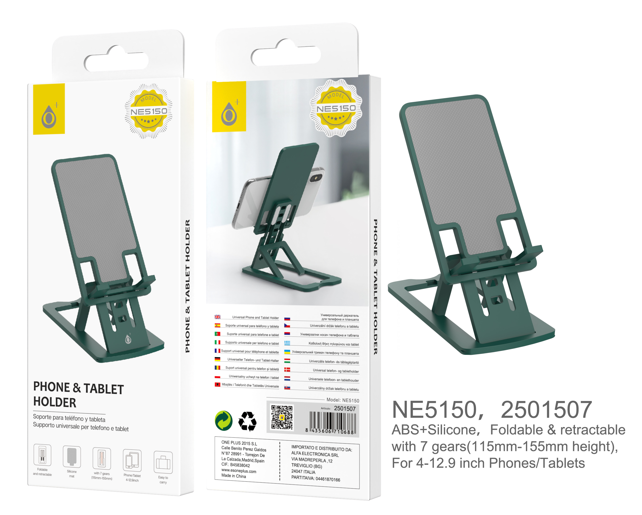 NE5150 VE Soporte Teléfono y Table para 4,0-12,9 pulgadas, Soporte Plegable con 7 Marchas (Altura de 11,5-15,5CM), Verde