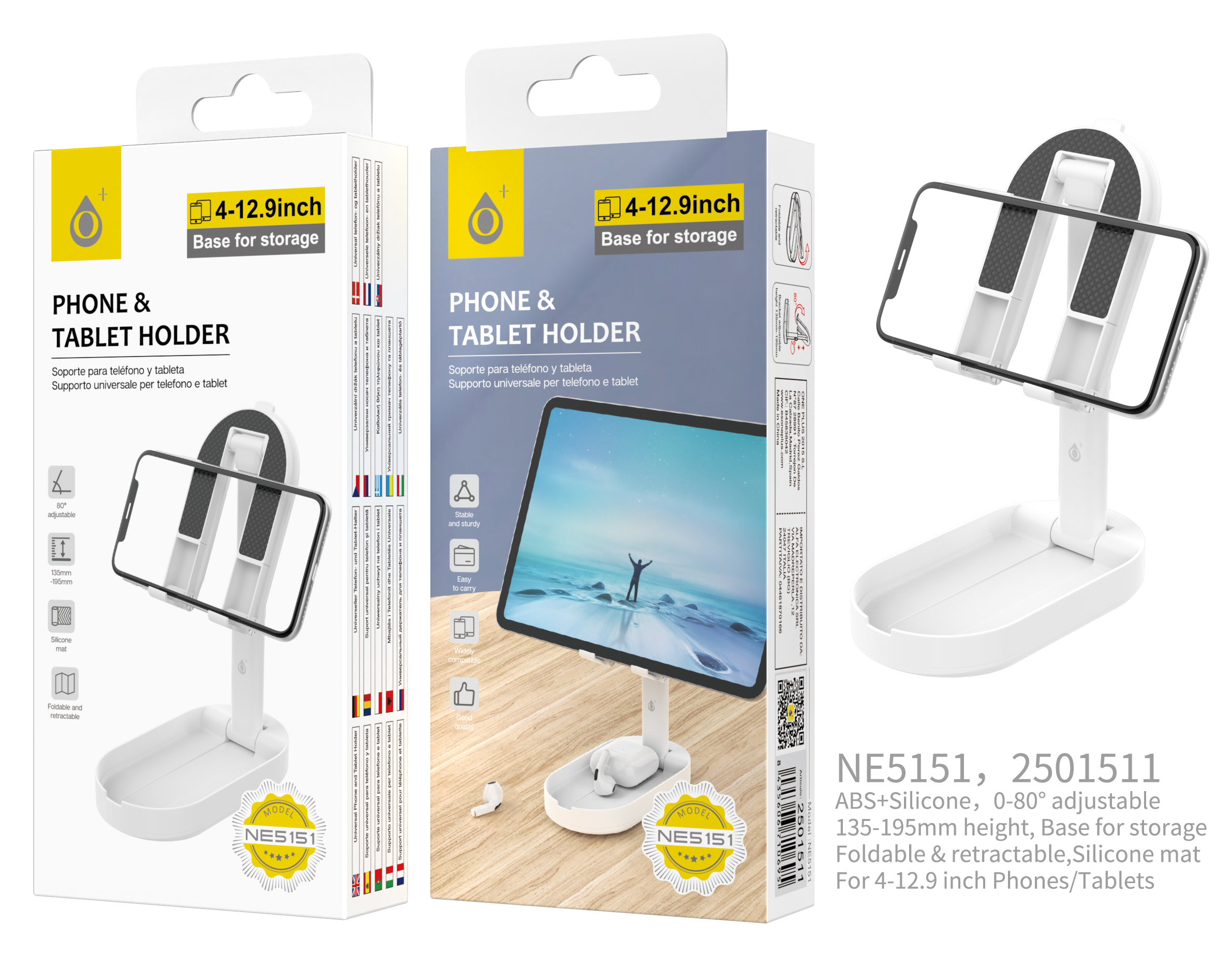 NE5151 BL Soporte Universal para Movil y Tablet de 4-12,9 pulgadas,con materia Silicona Anti-Deslizante, Ajuste de Altura, Base Soporte, Blanco