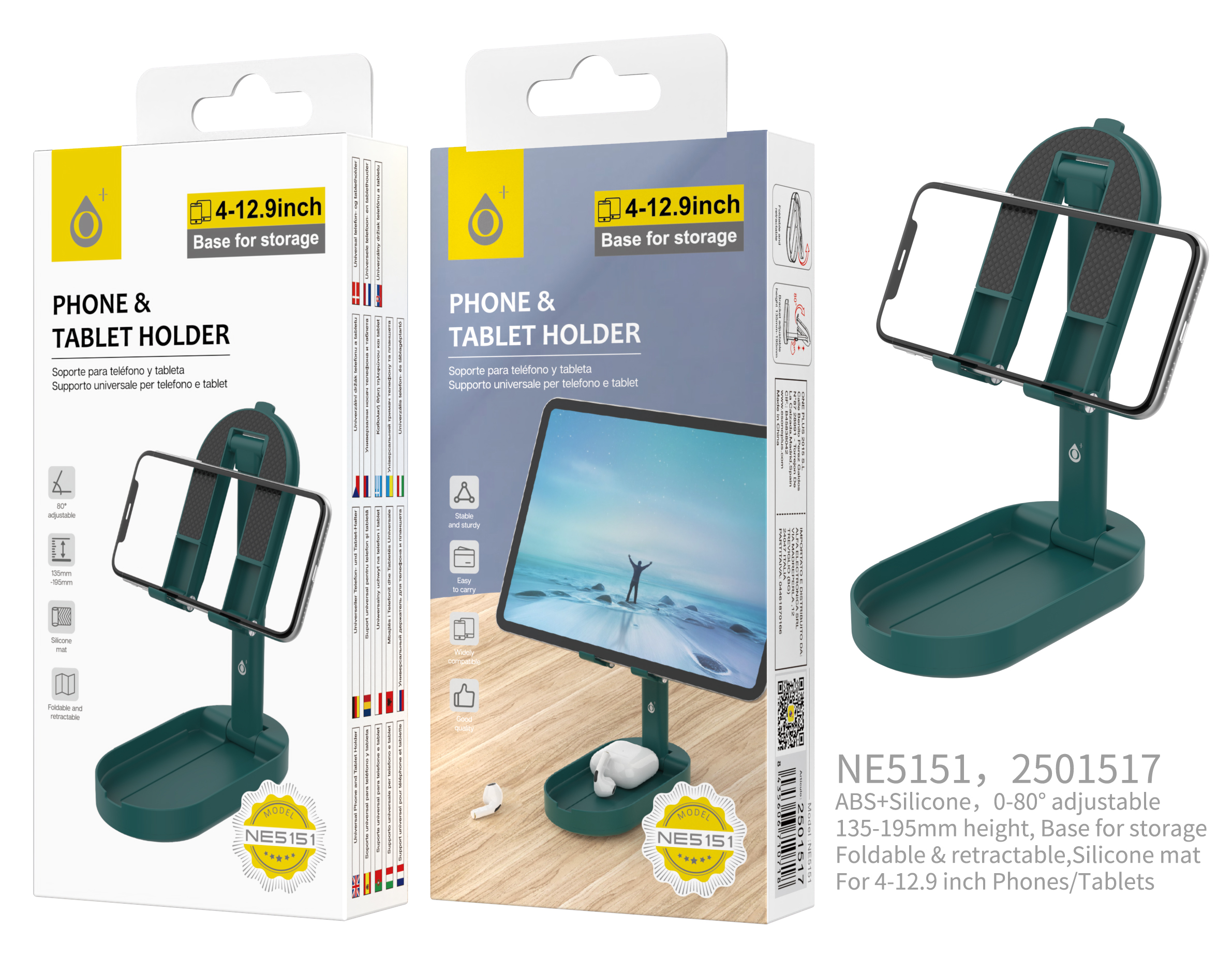 NE5151 VE Soporte Universal para Movil y Tablet de 4-12,9 pulgadas,con materia Silicona Anti-Deslizante, Ajuste de Altura, Base Soporte, Verde