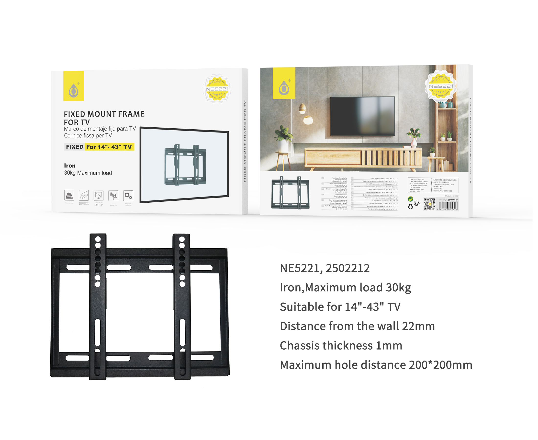 NE5221 NE Soporte TV fijo, para Pantalla de 14-43 Pulgadas, Iron, Max 30Kg, Vesa max20x20cm, Negro