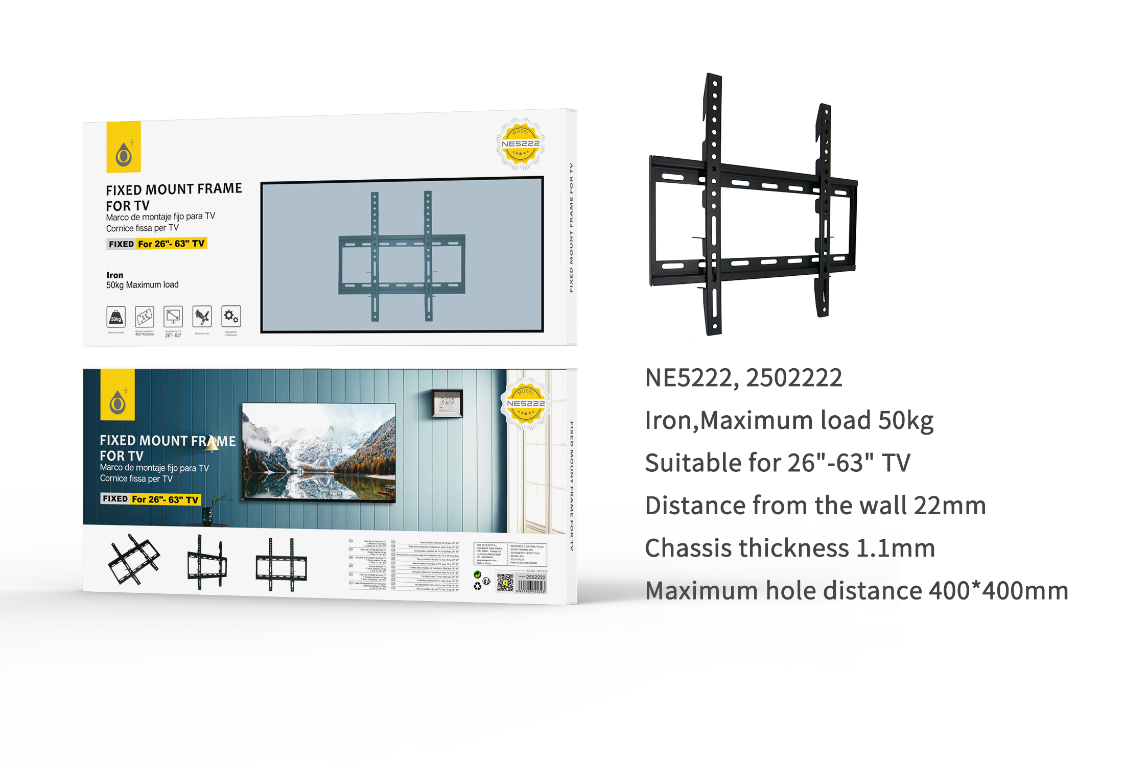 NE5222 NE Soporte TV fijo, para Pantalla de 26-63 Pulgadas, Iron, Max 50Kg, Vesa max 40x40cm, Negro