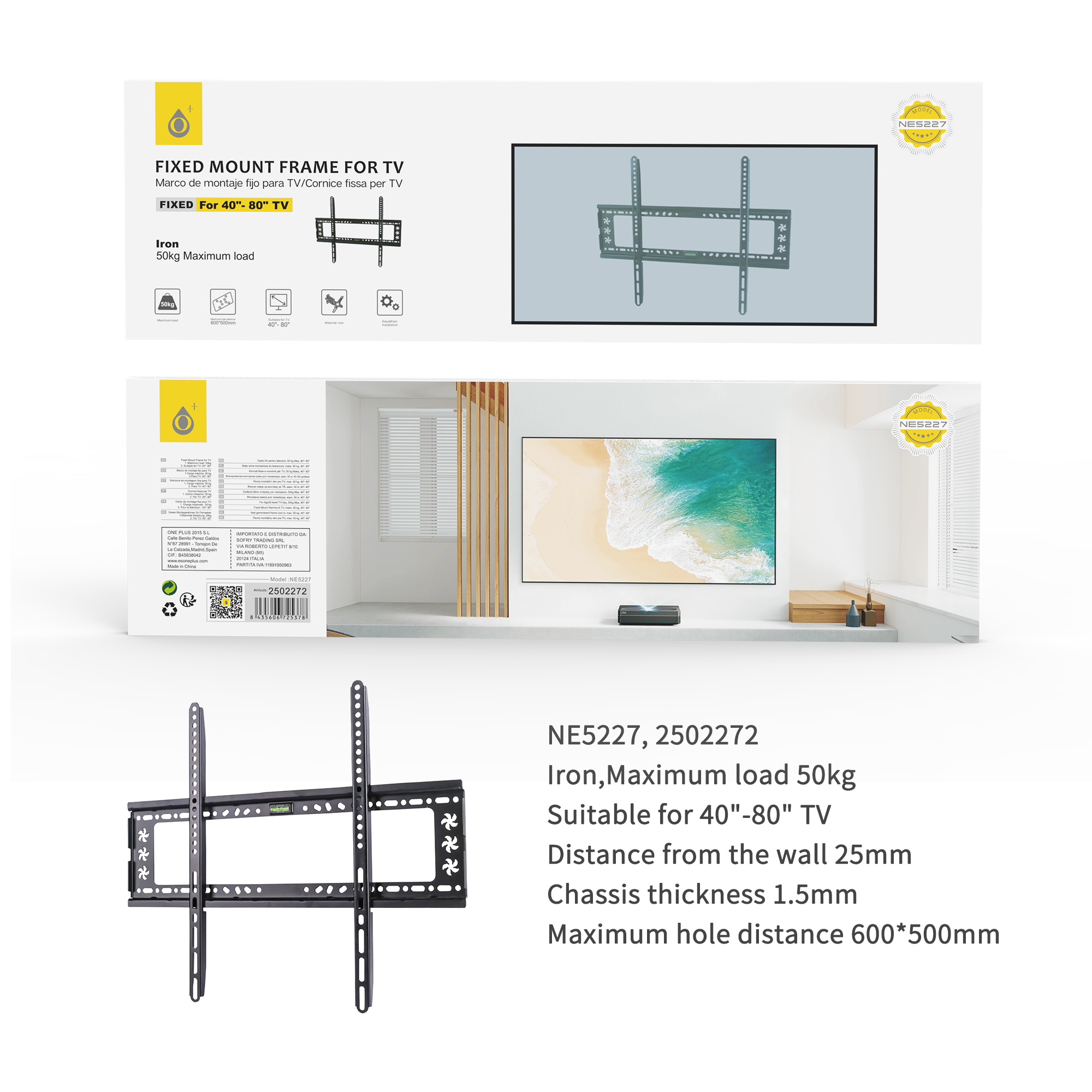 NE5227 NE Soporte  TV Fijo, para Pantalla de 40-80 Pulgadas, Iron, Max 50Kg , Vesa max 60x50cm, Negro