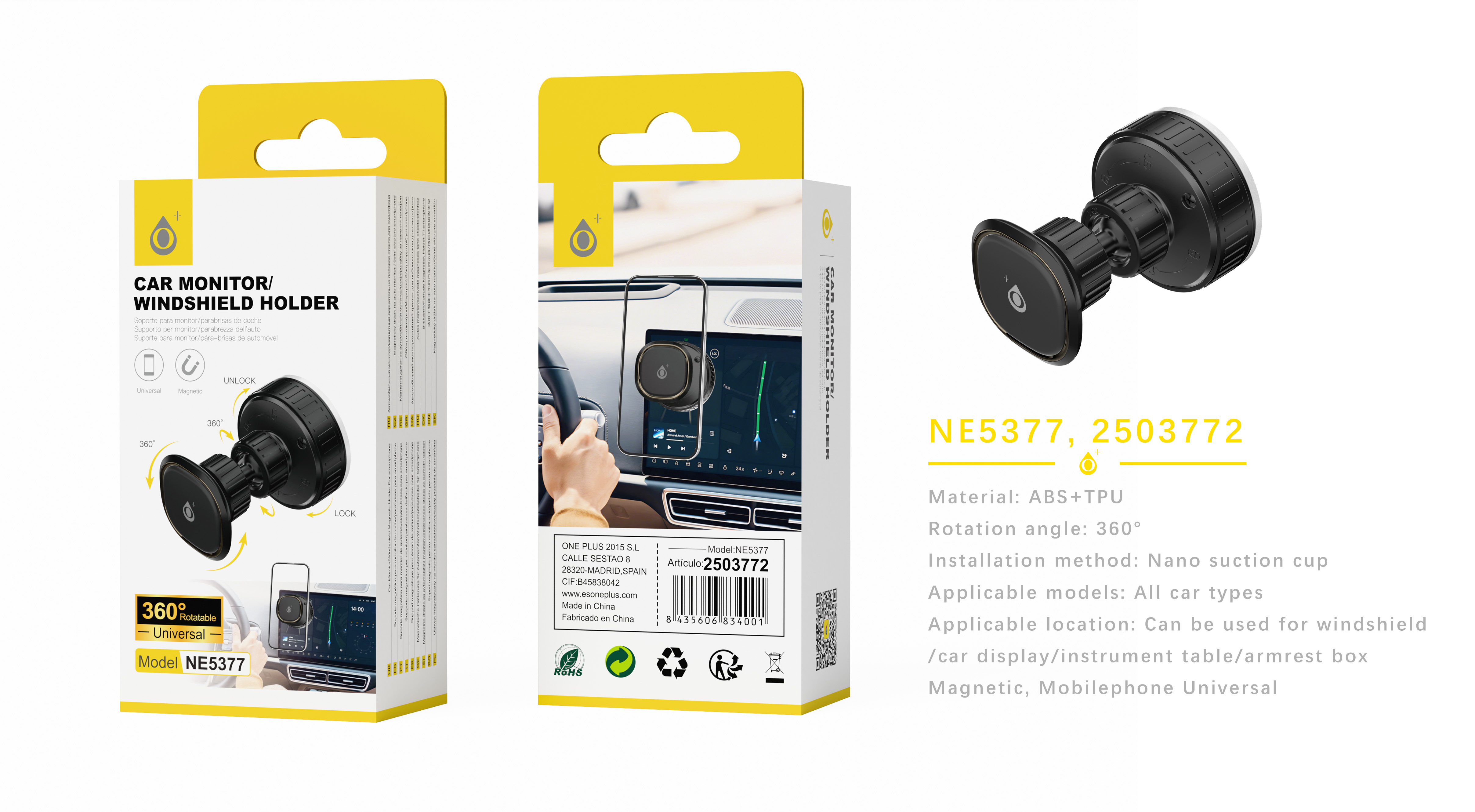 NE5377 NE Soporte Magnetico Universal de movil para pantalla y parabrisa de coche, Giro 360¡ã, Negro