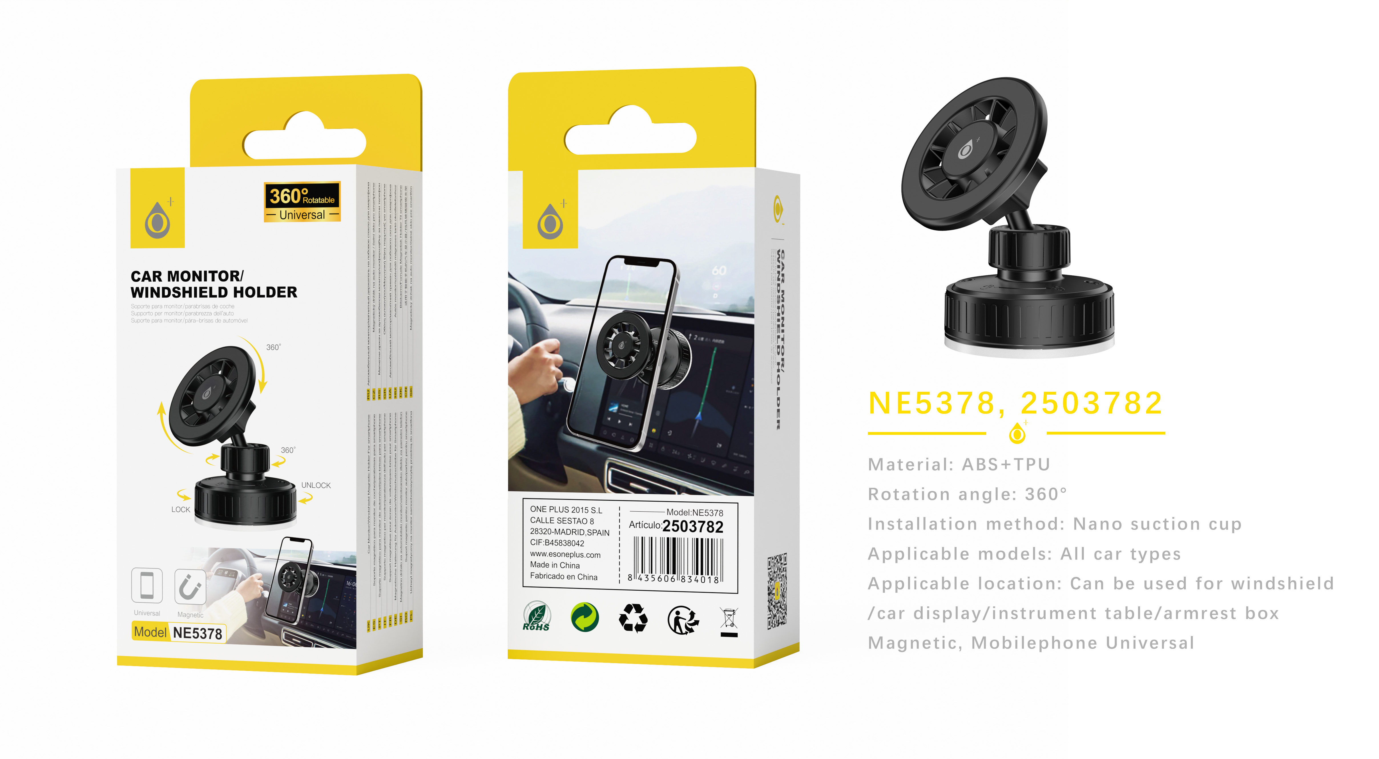 NE5378 NE Soporte Magnetico Universal de movil para pantalla y parabrisa de coche, Giro 360¡ã, Negro