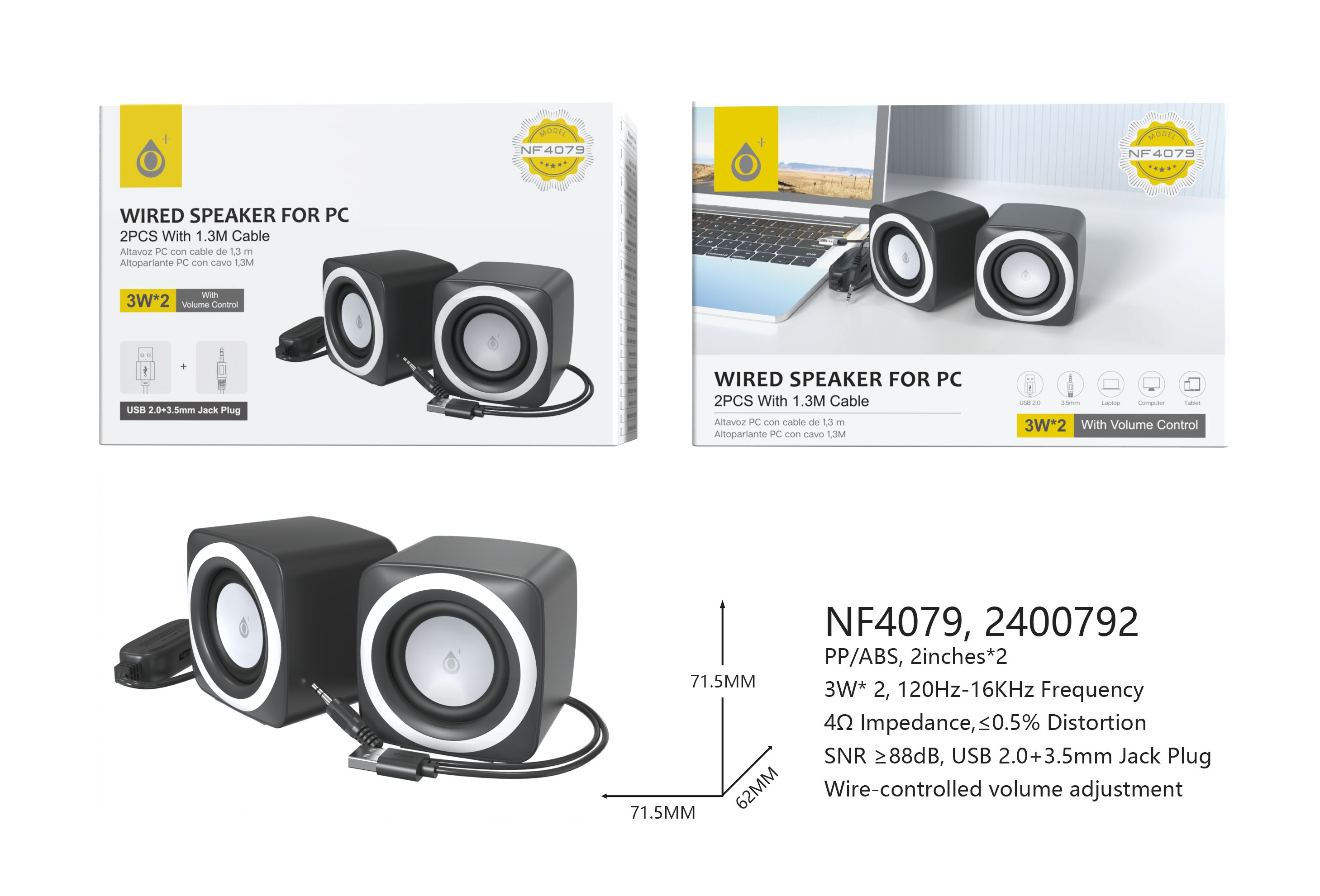 NF4079 NE  Altavoz de Ordenador  con control de volumen,USB 2.0+ Jack 3.5mm, 3W*2, Cable 1.3m, Negro